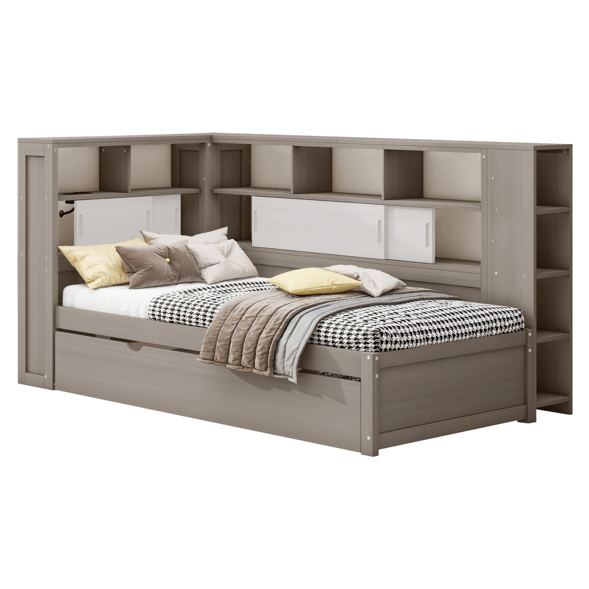 Flieks Massivholzbett, Holzbett 90x200cm mit Ladeanschluss/ Stauraum/ Auszi günstig online kaufen
