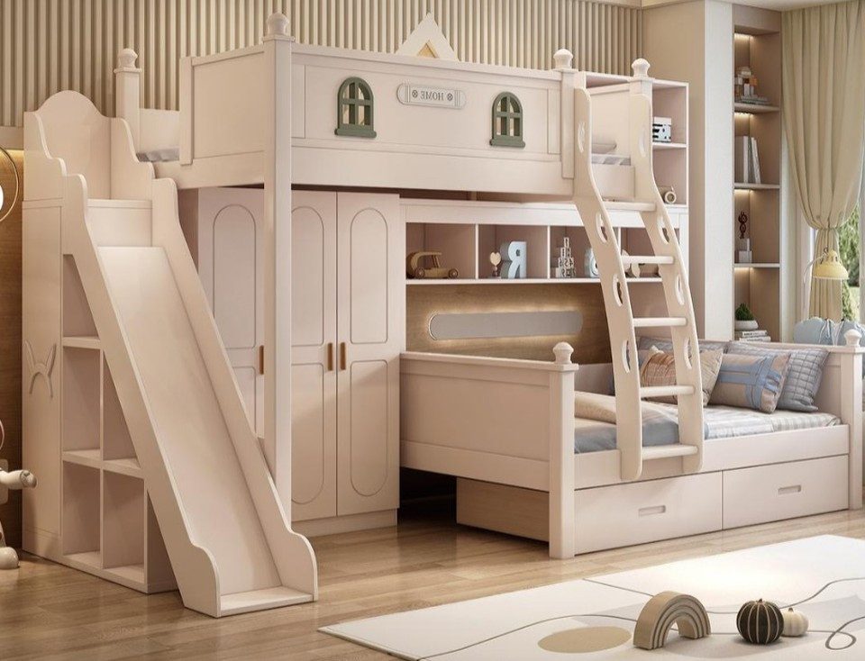 Xlmoebel Etagenbett Hochbett Holz in Weiß mit Schubladen und integriertem Zugang (Etagenbett, 1-St., Etagenbett mit Schubladen und Rutsche, Weiß), Made in Europa