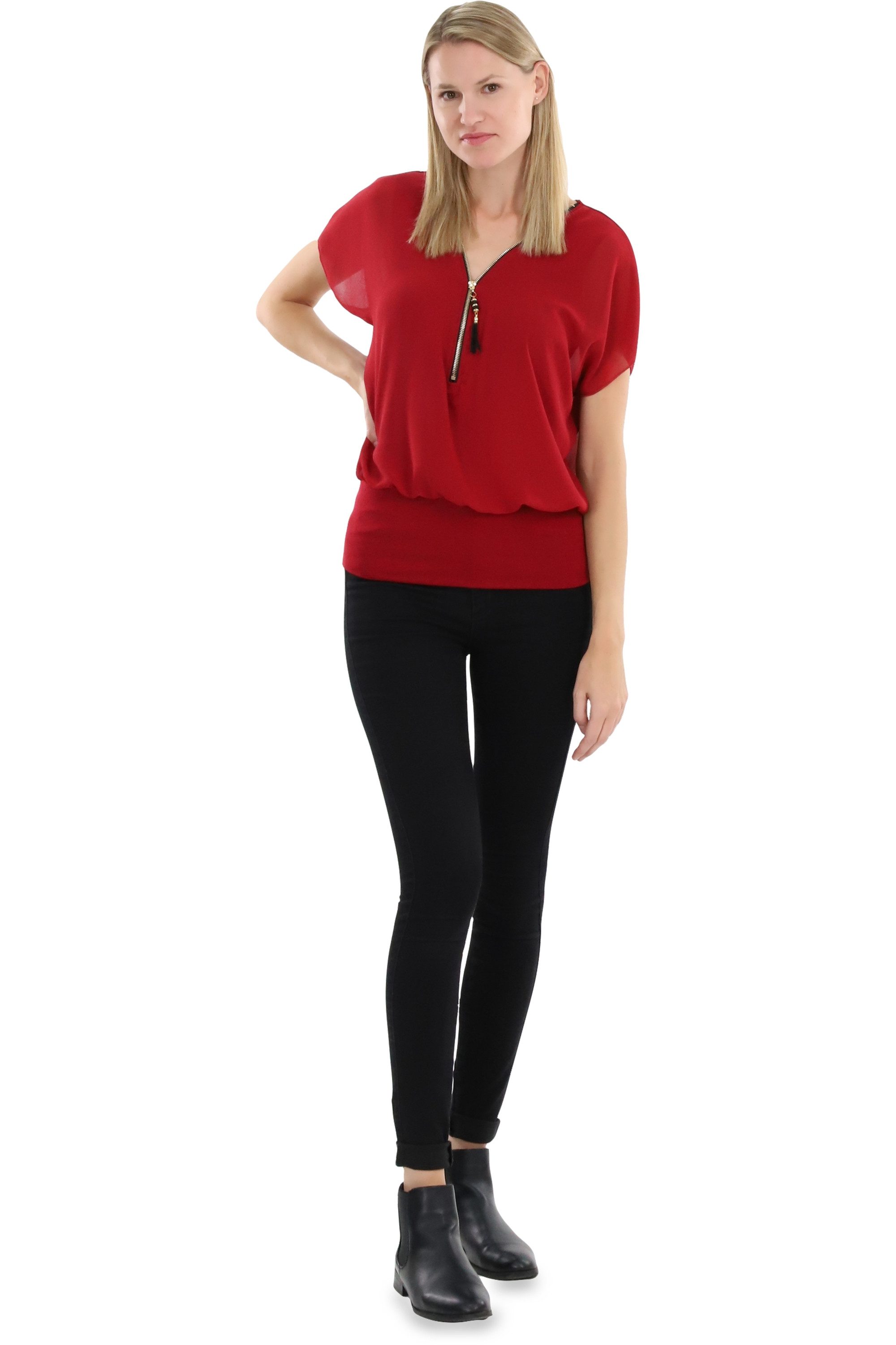 malito more than fashion Chiffonbluse malito Damen kurzarm Bluse im Fledermaus Look, Tunika mit Zipper, Kurzarm Bluse