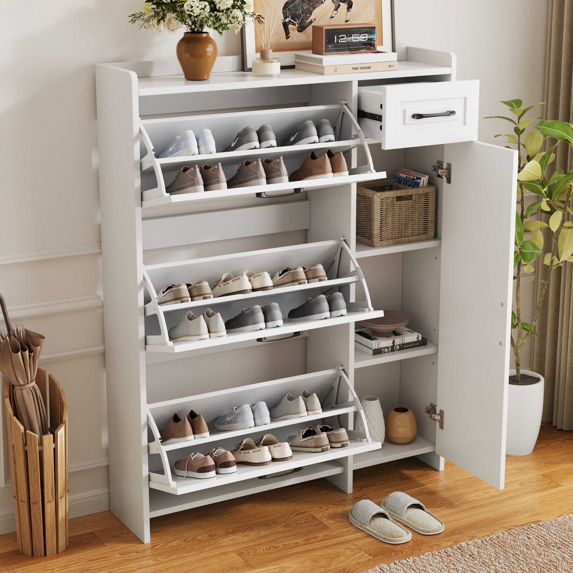 Flieks Schuhschrank Schuhkommode mit 3 Klappen, 1 Schublade und 3 Fächern (B95/T24/H121 cm, 1-St) Schuhregal Schuhkipper mit verstellbarer Ablagen Flurschrank W – Bild 2 von 5