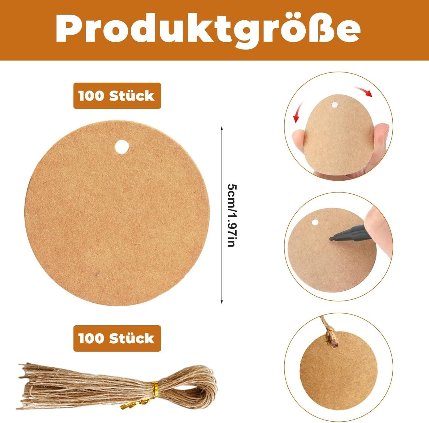 FELIXLEO Geschenkpapier 100 Stück Kraftpapier Anhänger Etiketten Rund mit Juteschnur, (1St)