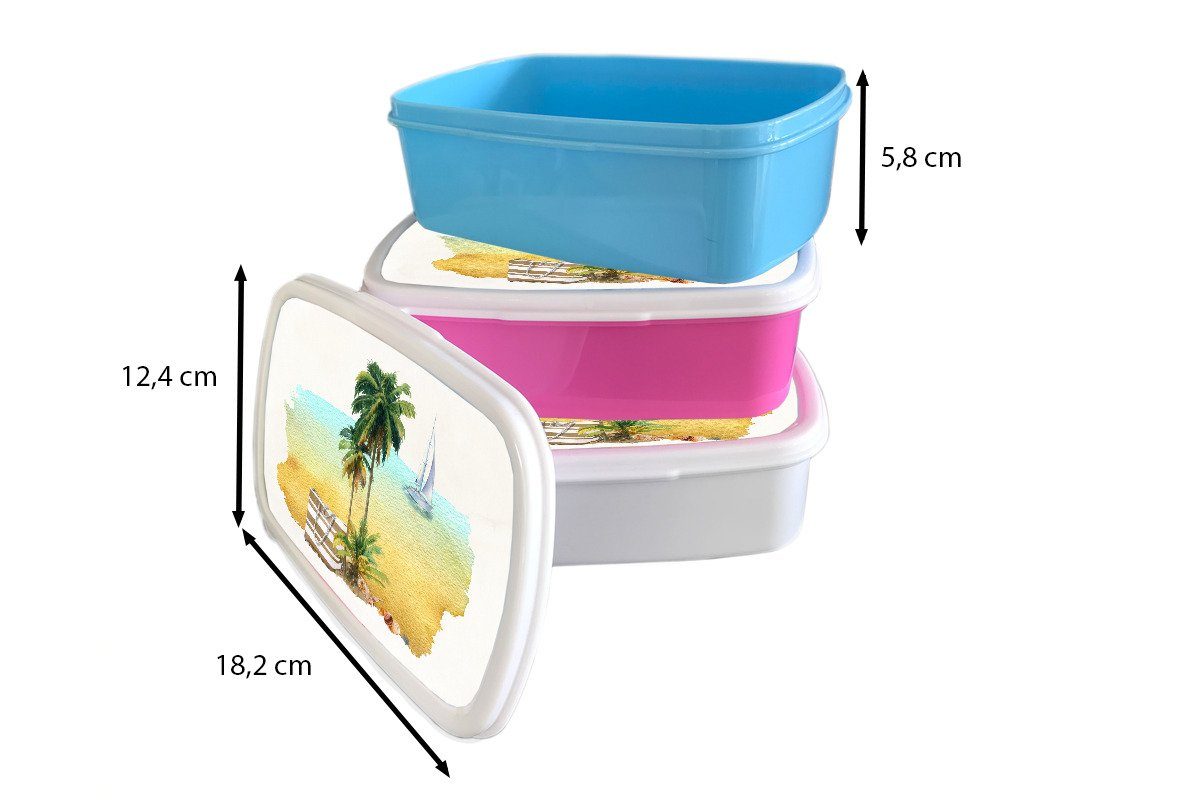 MuchoWow Lunchbox Tasche - Boot Kunststoff, Kunststoff (2-tlg), Palme, rosa für Kinder, Brotdose Erwachsene, Mädchen, Brotbox - Snackbox