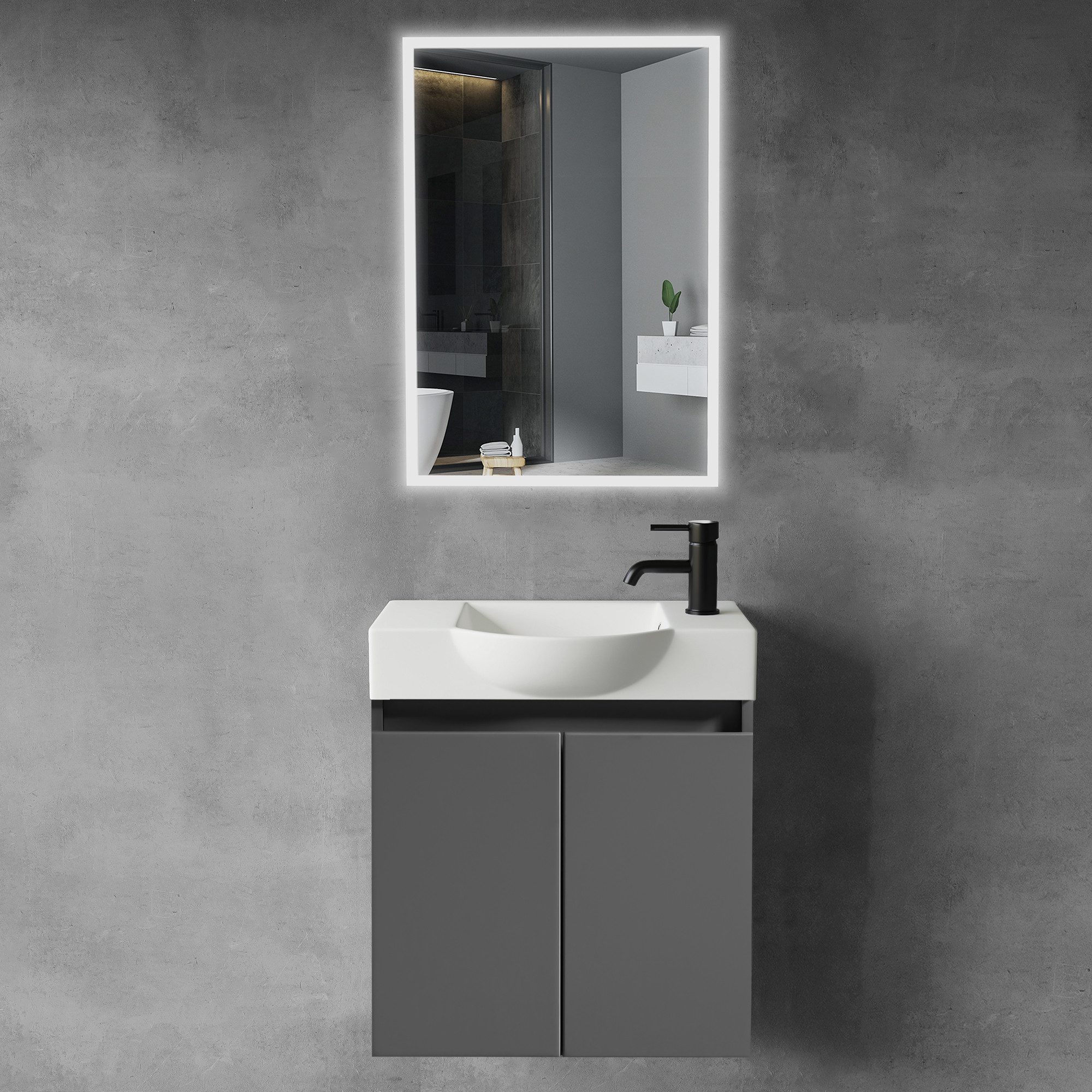 Alpenberger Badmöbel-Set Waschbecken mit Unterschrank und Spiegel Gäste WC Waschtisch Set 55 cm, (Waschtisch mit Unterschrank Hängend, Gäste WC Möbel mit Spiegel), Badmöbel Set klein,Waschbeckenunterschrank - Anthrazit Matt