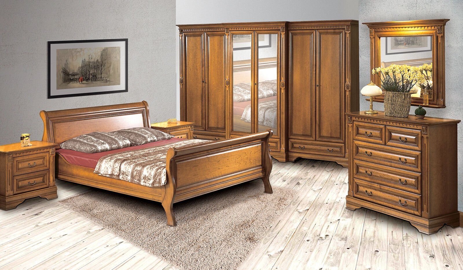 JVmoebel Schlafzimmer-Set Bett 3tlg. mit 2 Nachttischen Holz Möbel Betten Set
