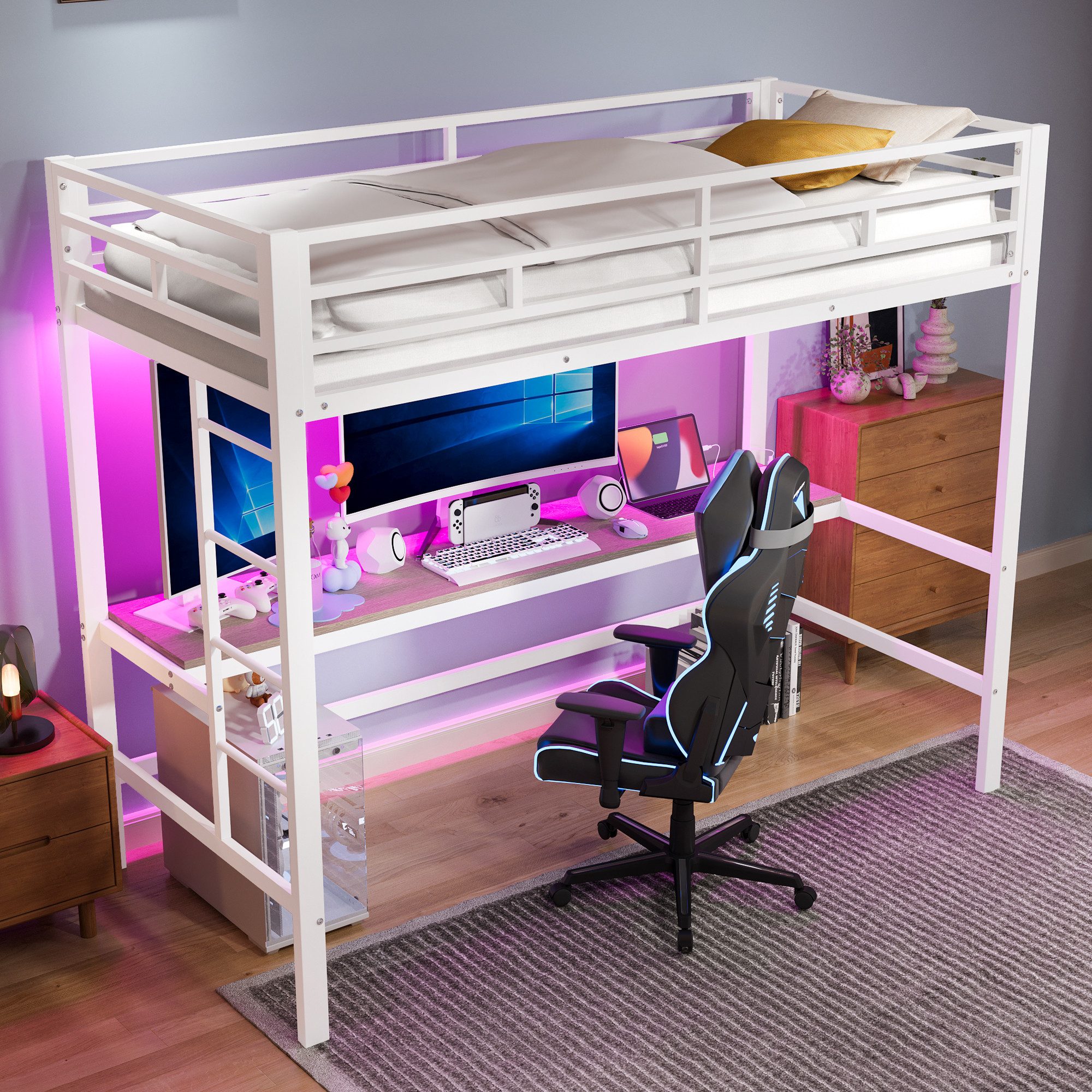 TavilaEcon Hochbett mit Geländer und Trittleiter, Tisch mit USB und Steckdo günstig online kaufen