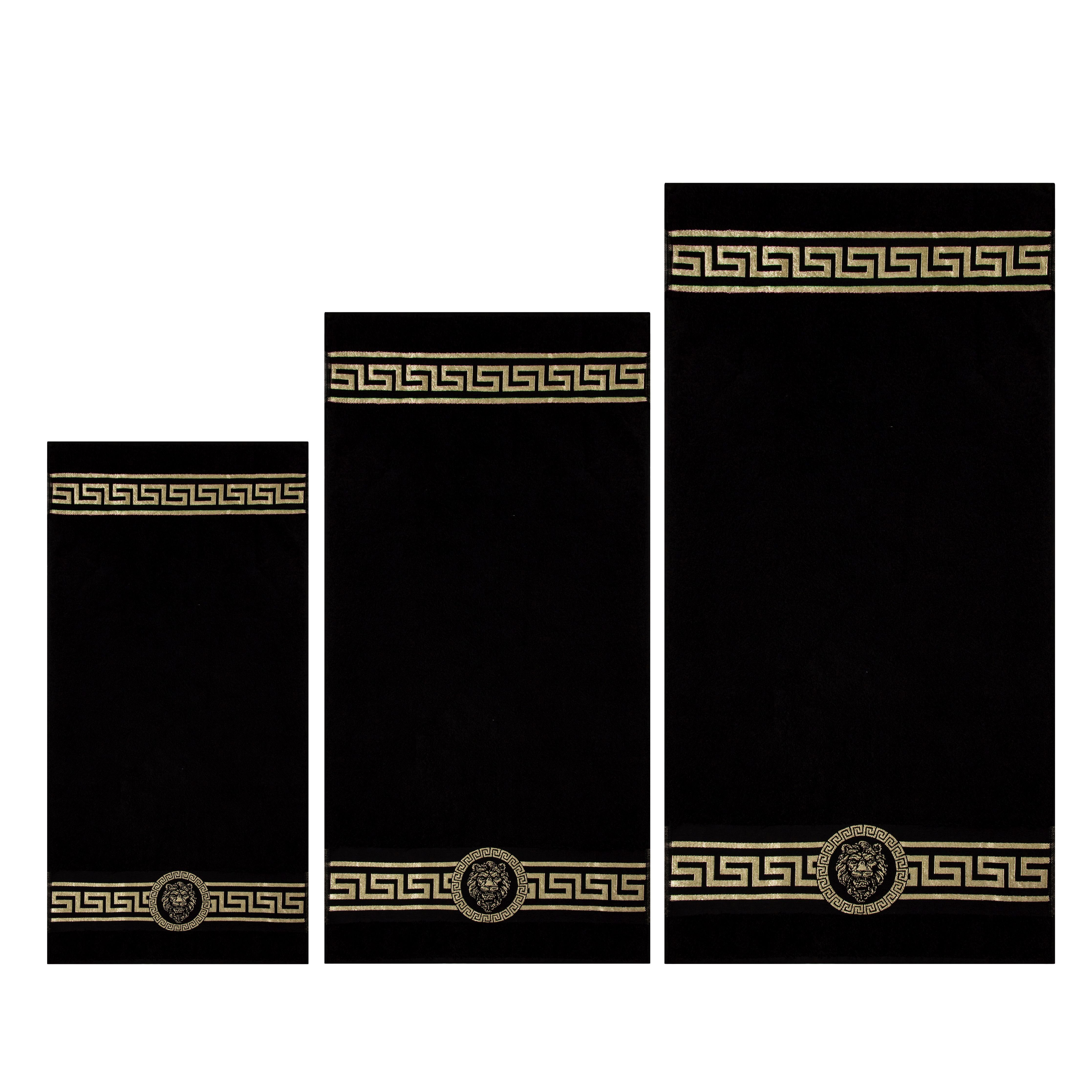 Belle Arti Handtücher Luxus Handtücher Gästehandtücher Badetücher Duschtücher Löwe Mäander, (1-St), 100% Baumwolle Frottee Löwenkopf eingestickt schwarz weiss gold Set