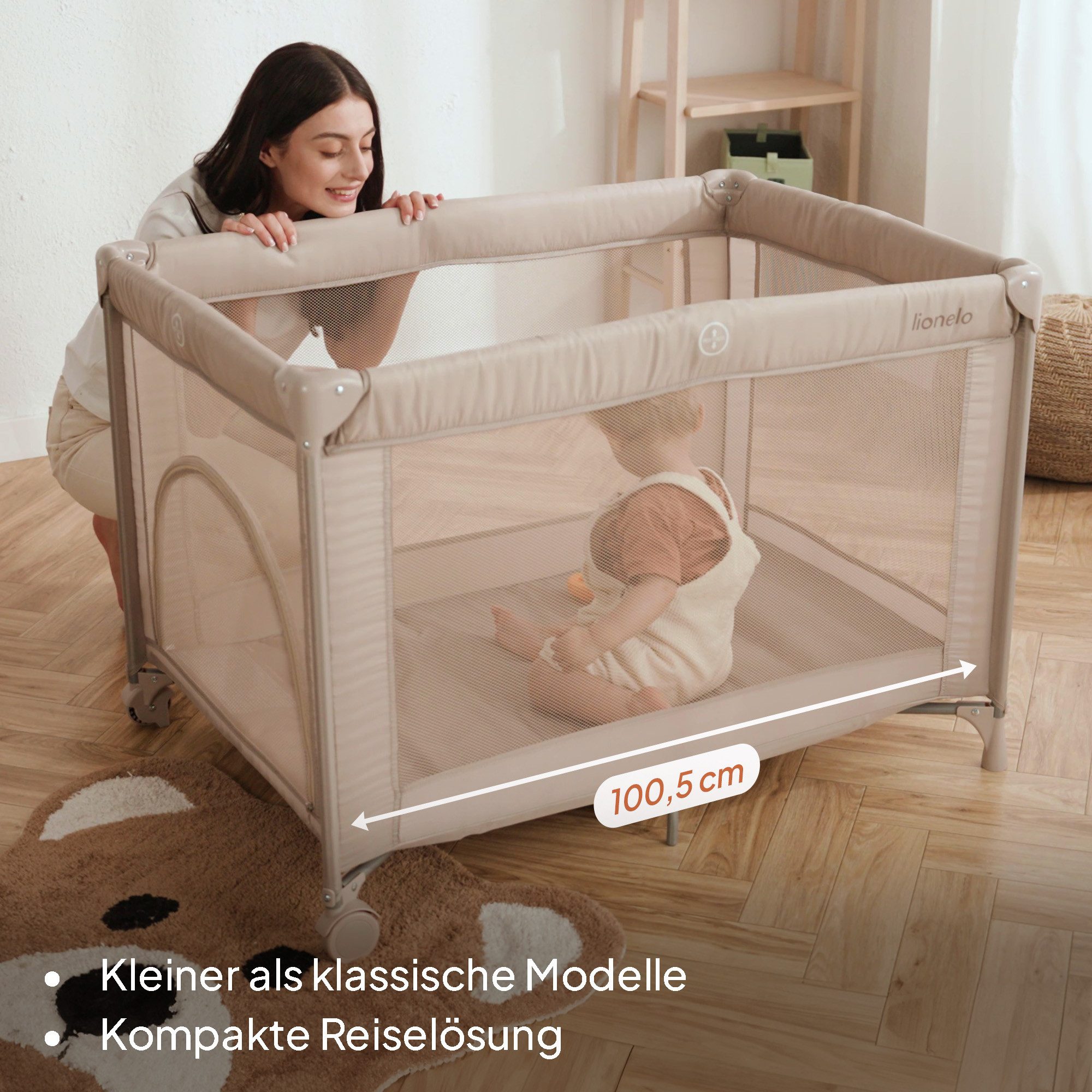 lionelo Reisebett AMELIE (Set, Reisebett / 2-cm-Matratze / Tragetasche) Kompakt/leicht/2cmMatratze/Seiteneingang/Netzseiten