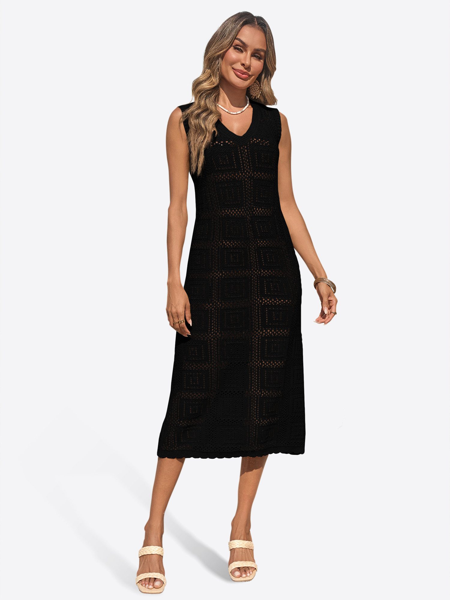 Imily Bela Midikleid Damen Boho Urlaubs Tankkleider (Packung, 1-tlg., 1per-Pack) gehäkelt