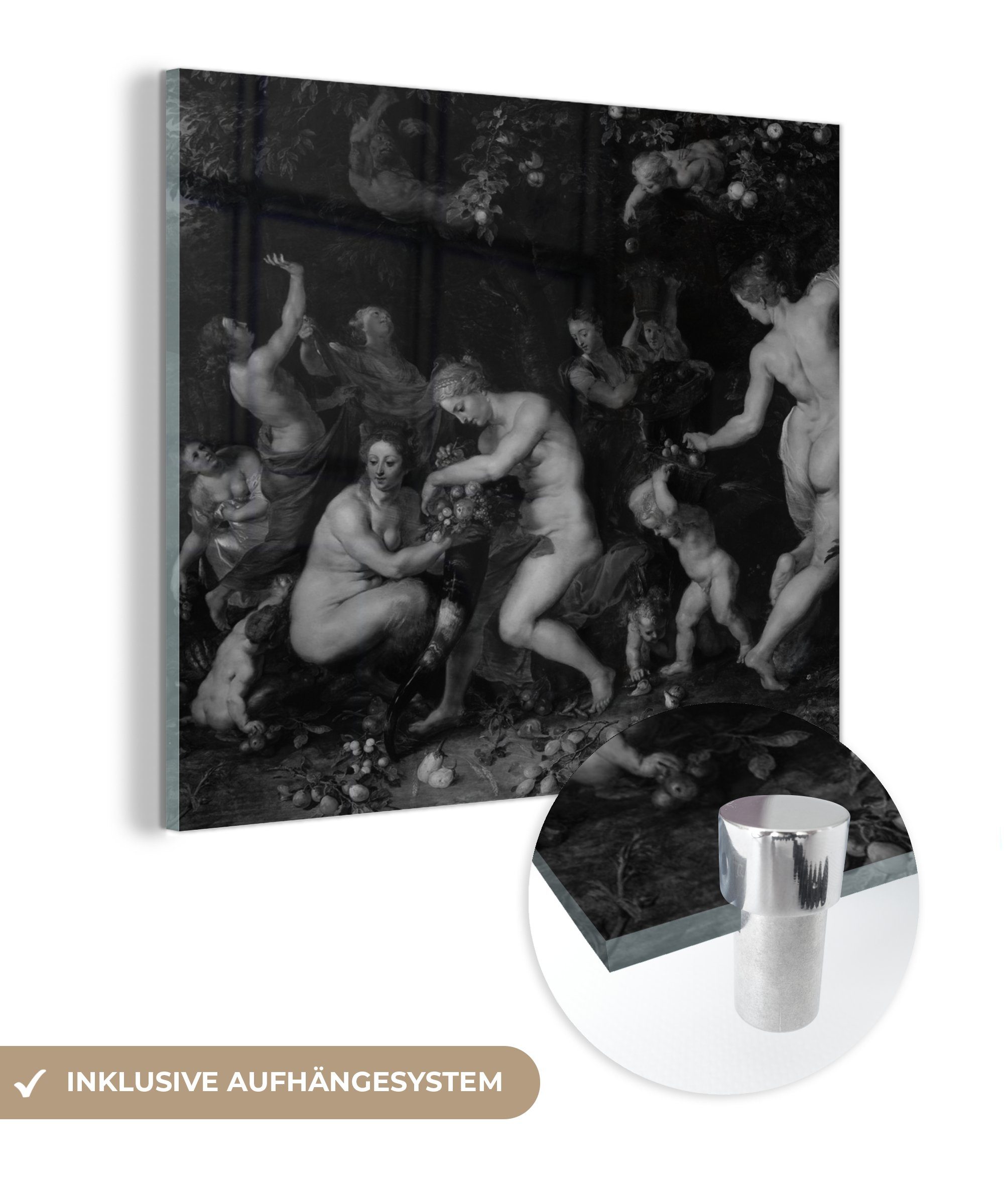 MuchoWow Acrylglasbild Nymphen, die das Füllhorn füllen, in Schwarz und Weiß - Gemälde von, (1 St), Glasbilder - Bilder auf Glas Wandbild - Foto auf Glas - Wanddekoration