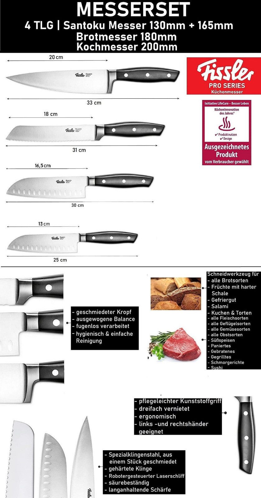 Fissler Messer-Set Profi Messer - Edelstahl Messer mit Spezialklinge, Messerset, Küchenmesser Fleischmesser, Allzweckmesser Sushi Messer