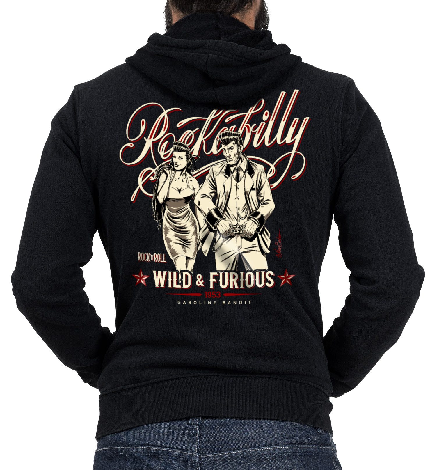Kapuzensweatjacke für Rockabilly, Oldtimer, Biker, Tanz und Musik Fans: Wild & Furious