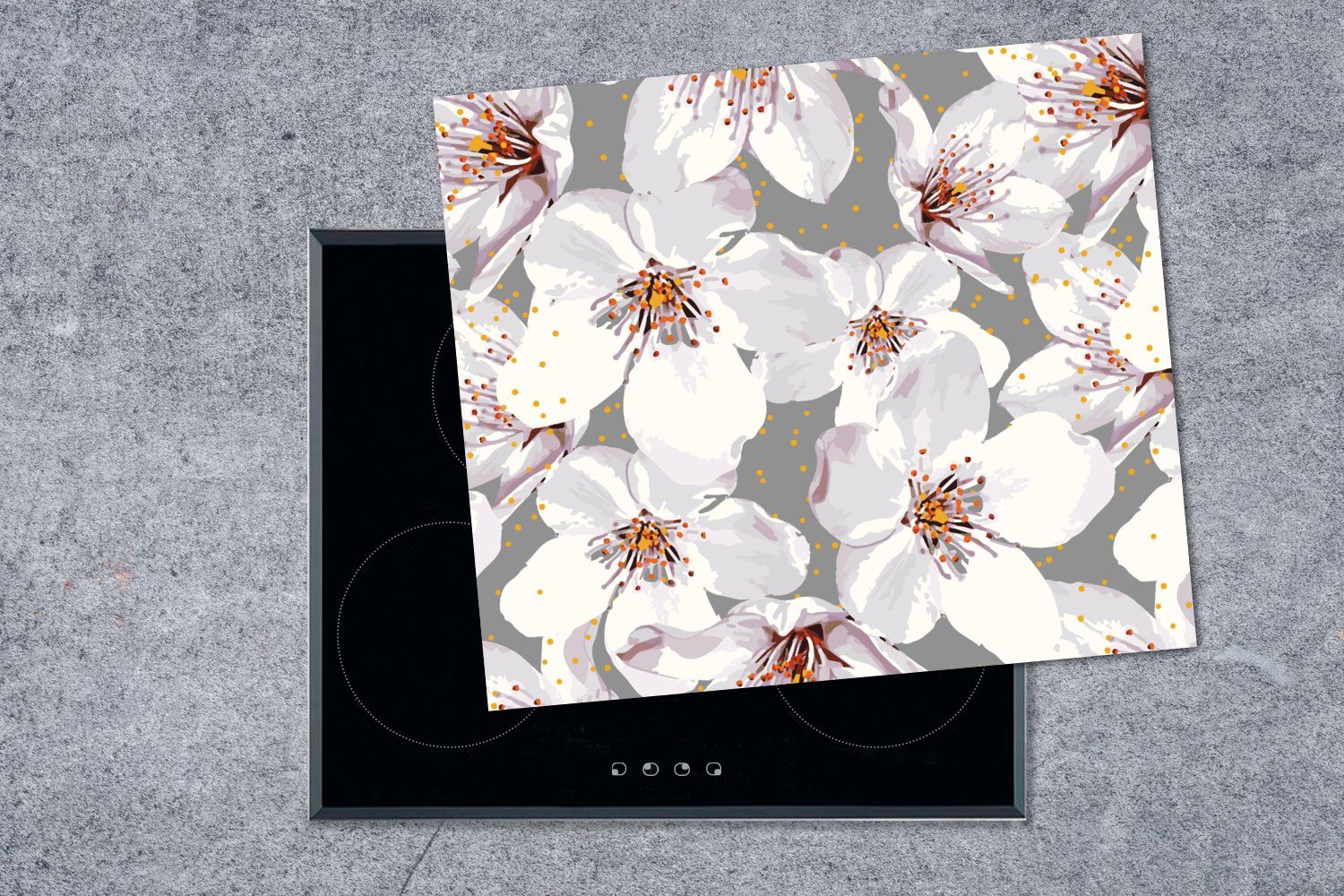 MuchoWow Herdblende-/Abdeckplatte Blumen - - Muster, 60x52 Sakura nutzbar, (1 tlg), Vinyl, Mobile cm, Arbeitsfläche Ceranfeldabdeckung