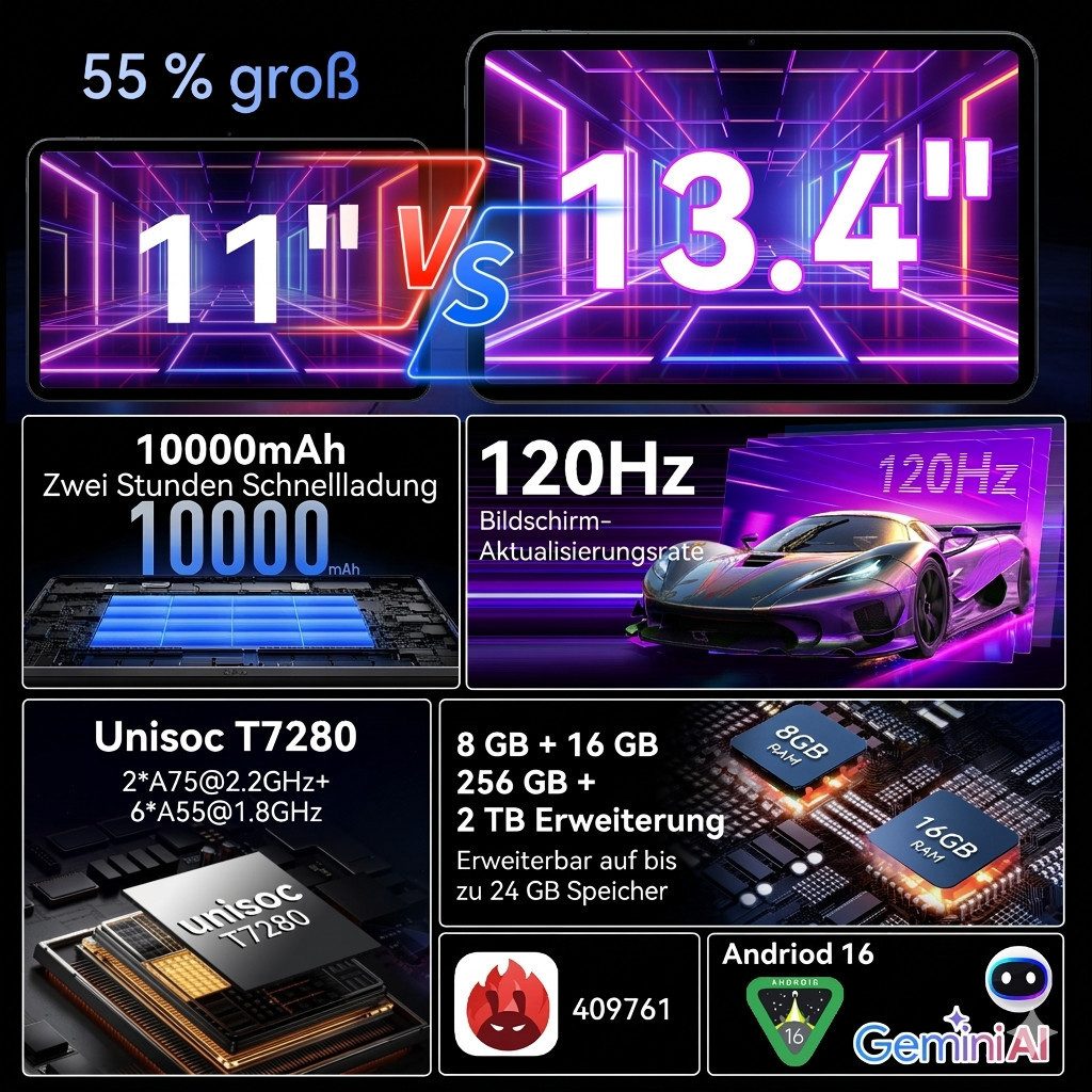 TABWEE T60Pro 13.4" Android 16 mit Tastatur/Maus/Stift/Kopfhörer 10000mAh Tablet (13.4", 256 GB, Android16, 10000 mAh, Android 16, Gemini AI, mit Zubehör, Kabel-Headset)