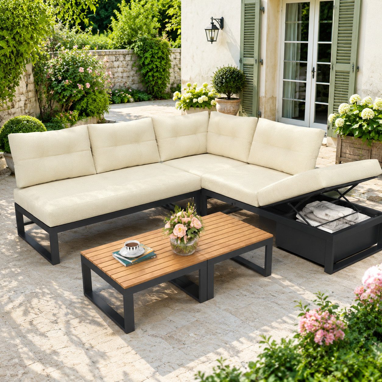 MC Star Gartenlounge-Set Mehrzweck-Gartenmöbelset mit 3-stufig verstellbarer Rückenlehne, (und Liegefunktion,dicken Komfortpolstern, Stauraum und wetterfester Polyesterbezug – für Terrasse, Balkon und Garten.Beige)