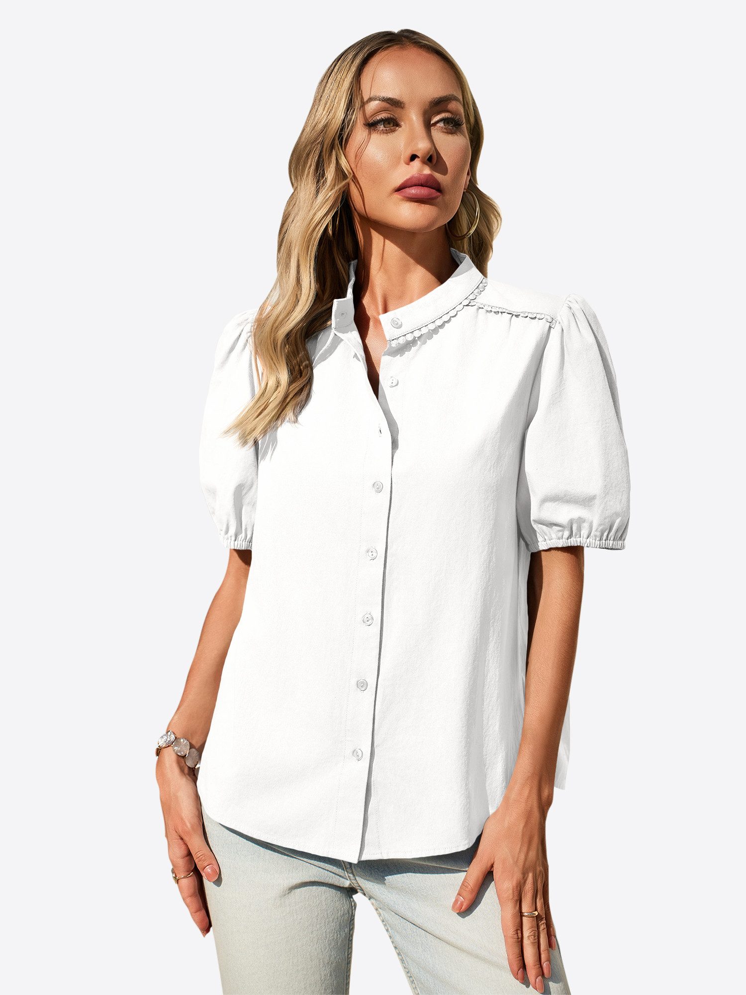 Imily Bela Blusentop Damen Bluse mit Puffärmeln und Falten (Packung, 1-tlg., 1per-Pack) Stehkragen