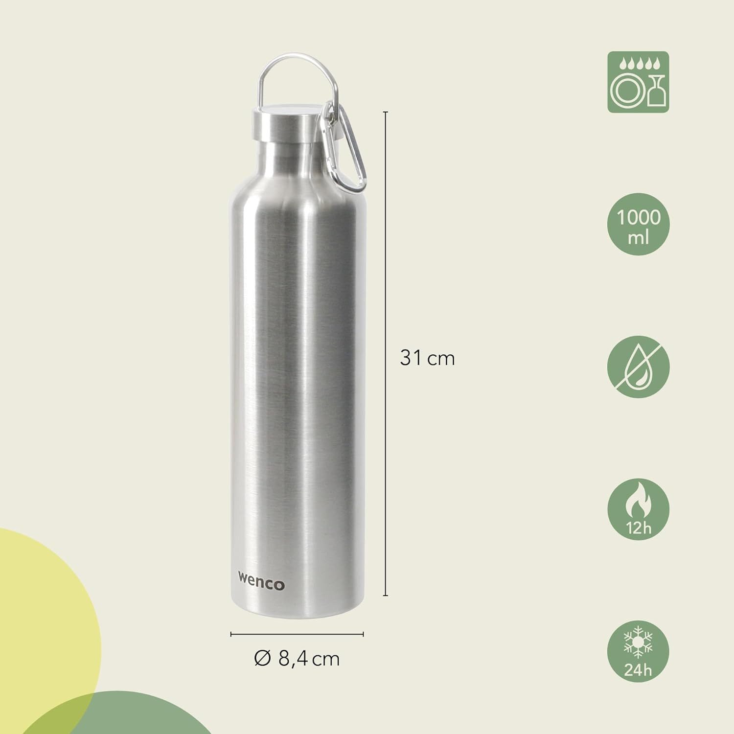 Wenco Isolierflasche Trinkflasche 1l Edelstahl, Thermoskanne für kalte, heiße Getränke mit Teesieb BPA frei silber – Bild 2 von 5
