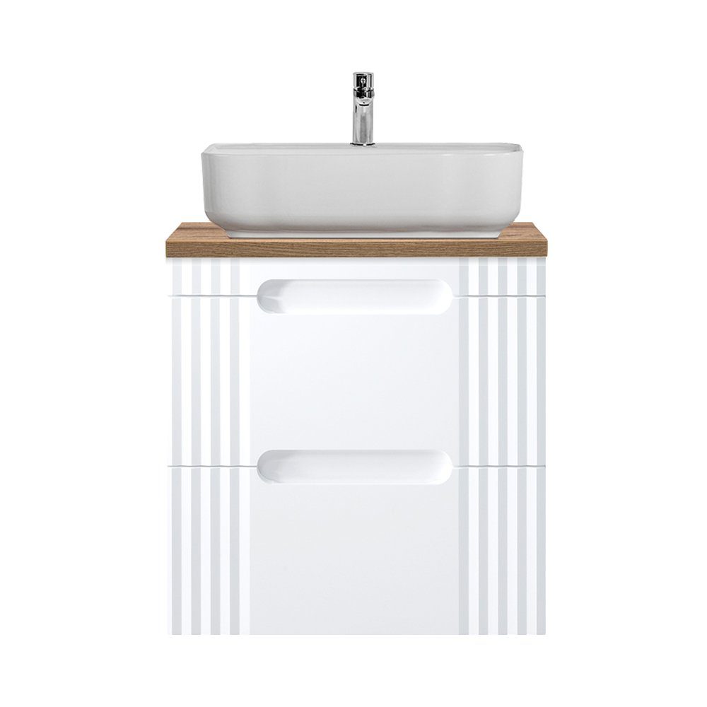 Lomadox Waschtisch FAIRFIELD-56, weiß mit Eiche Nb., Keramikaufsatzbecken, 2 Softclose Auszüge