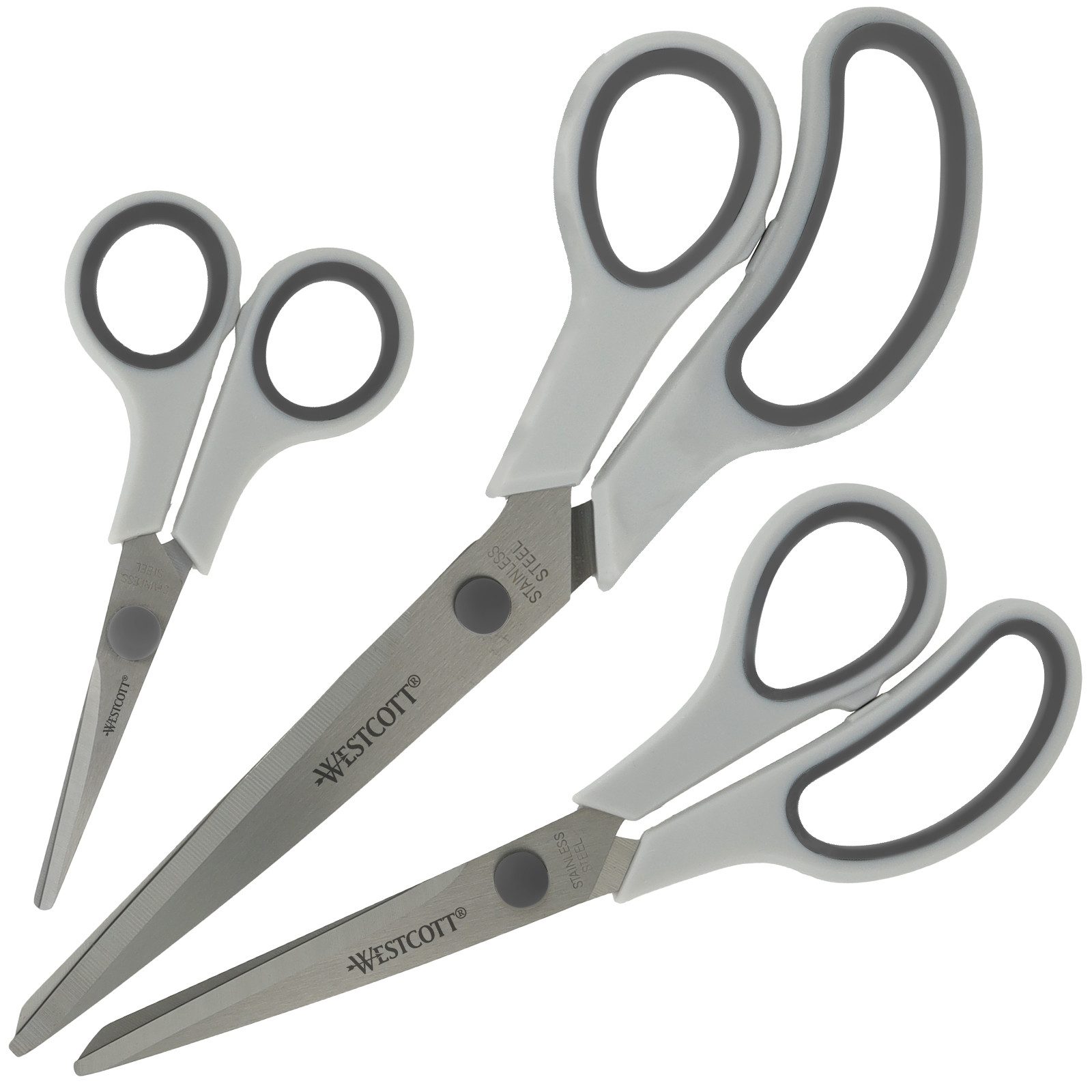 WESTCOTT Scheren-Set Easy Grip Scheren 3 Stück Grau, Universalscheren mit Komfort-Griff, (Vorteilspack, 3-tlg), Extrascharfe & langlebige Edelstahlklinge