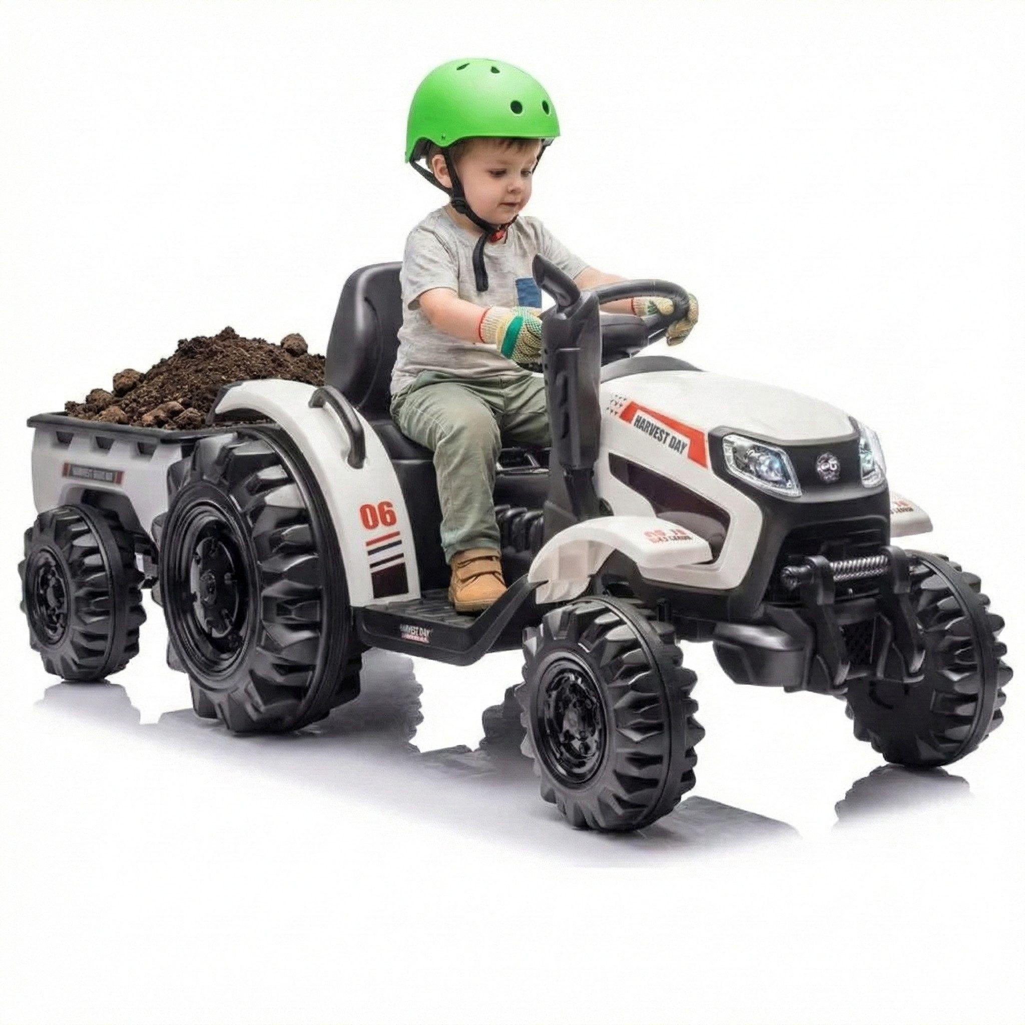 Hecht Elektro-Kindertraktor mit abnehmbarm Anhänger bis 5km/h, bis 30kg, 12V / 10 Ah, Belastbarkeit 30 kg, Hupe, Scheinwerfer, Traktor Sounds, Radio, USB, AUX, SD