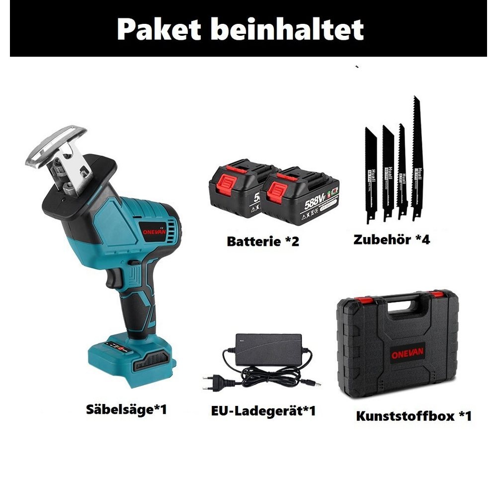 Thumbnail - ONEVAN Akku-Säbelsäge 4800 SPM – Bürstenlose Reciprosäge mit 2 Akkus & 4 Sägeblättern, für Holz, Metall, PVC & Baumschni...