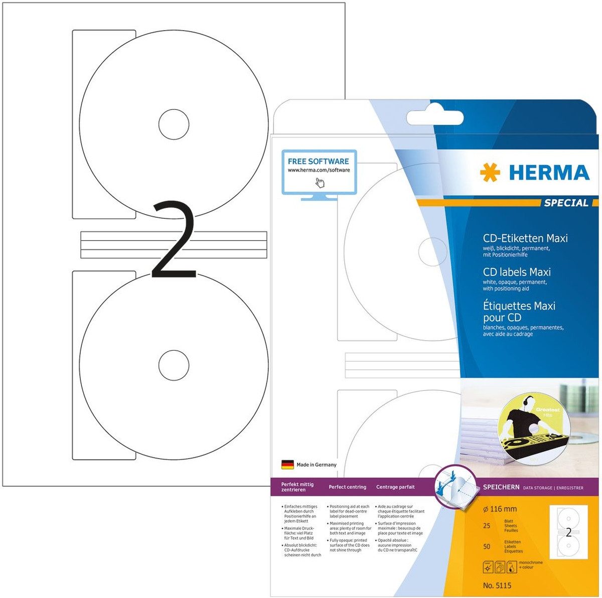 HERMA Etiketten CD-Etiketten Maxi weiß Durchmesser 116mm Special A4 VE=50 Stück
