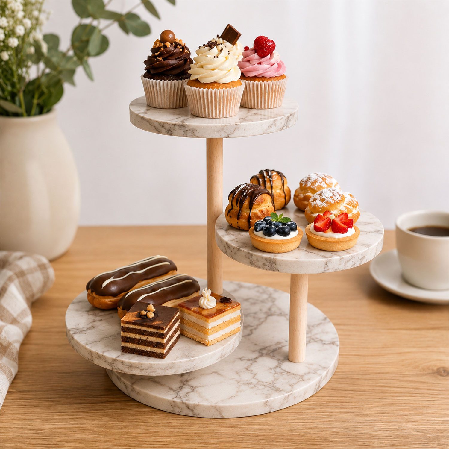 Jungengel Blumenständer 3-in-1 Standregal Blumenregal Tortenständer Servieretagere Cupcake (Einzelartikel, 3 Ebenen mit Holzsäulen und werkzeuglosem Drehsystem), 3-in-1 Etagere als Servierständer, Dekoregal und Pflanzenständer