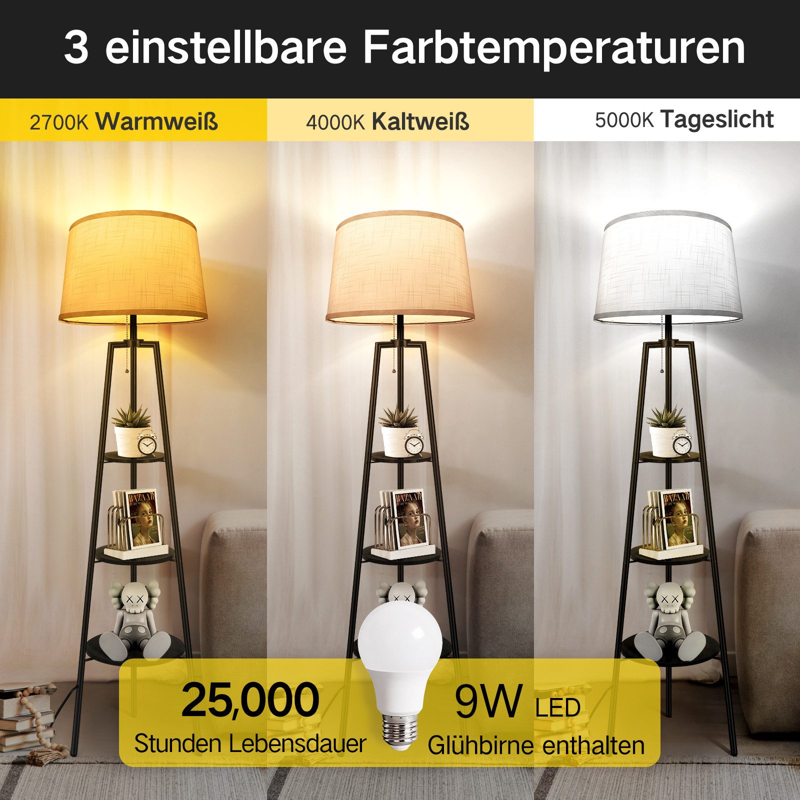 OUTON LED Stehlampe Stativ-Stehleuchte, Fernbedienung, 3 Farbtemperaturen, 3 Ablagen, LED wechselbar, für Wohnzimmer, Leseecken, Schlafzimmer oder jeden Raum