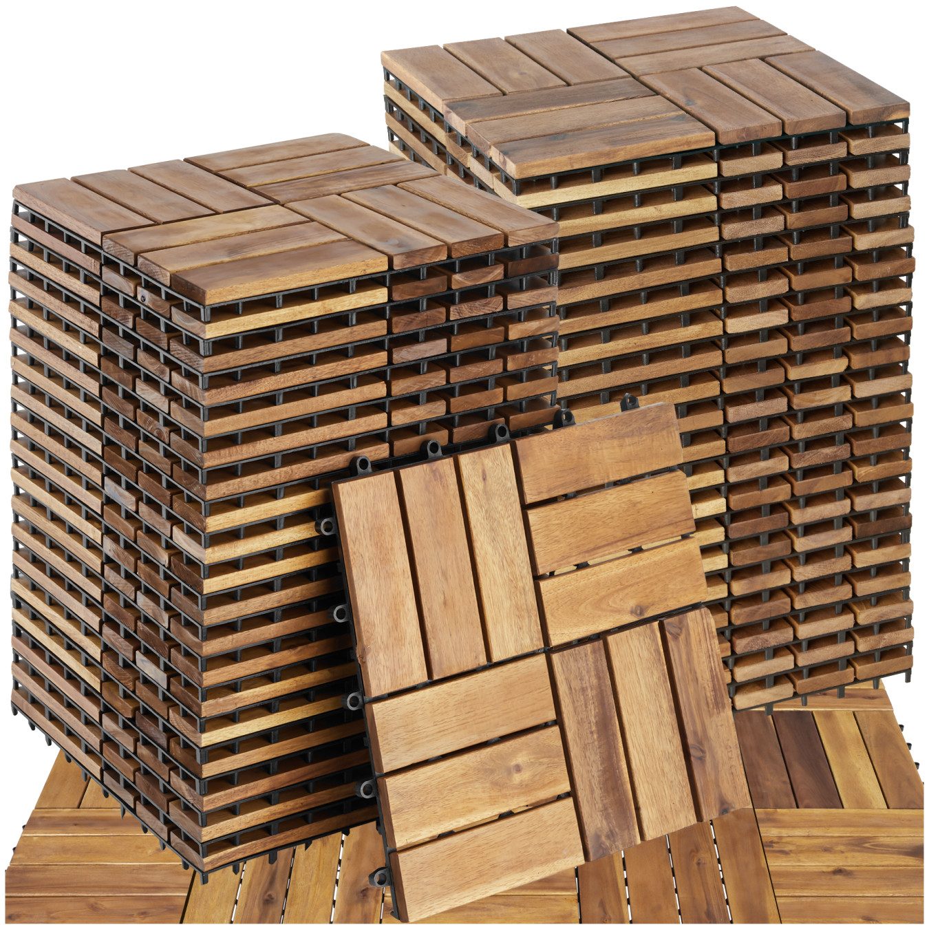 tectake Terrassendielen Terrassenfliesen 40er Set mit Klicksystem, 31 x 31 x 2,2 cm, 3,844 m², BxL: je 31,00x31,00 cm, (Terrassenplatten Außenbereich Tabula, 40-St., in braun), massives Akazienholz, mit Drainage, wetterfest und langlebig