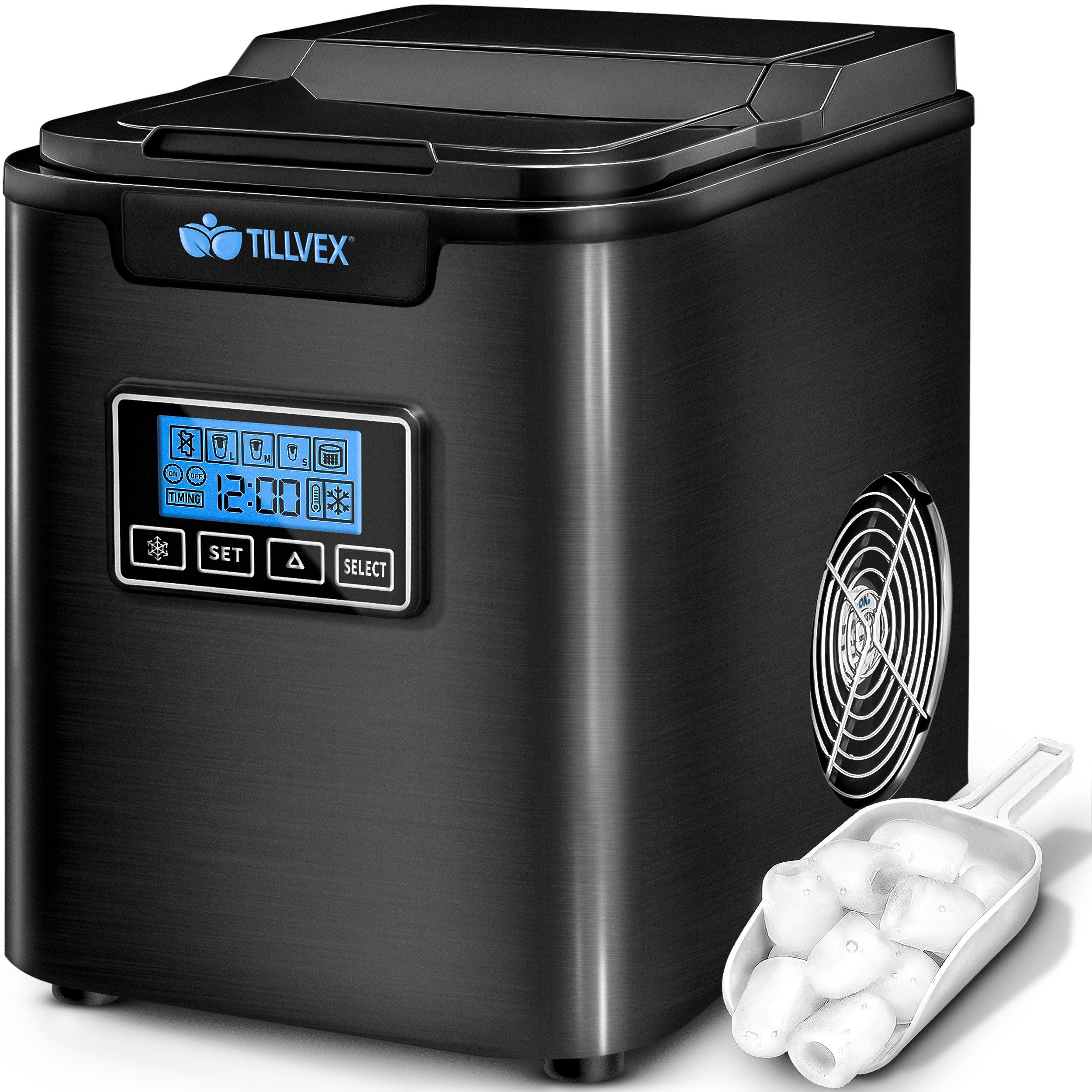 tillvex Eiswürfelmaschine Ice Maker 12 kg - 24 h Edelstahl, Mit Timer & LCD-Display, 2,2L Wassertank & Selbstreinigungsfunktion, 3 Eiswürfel Größen