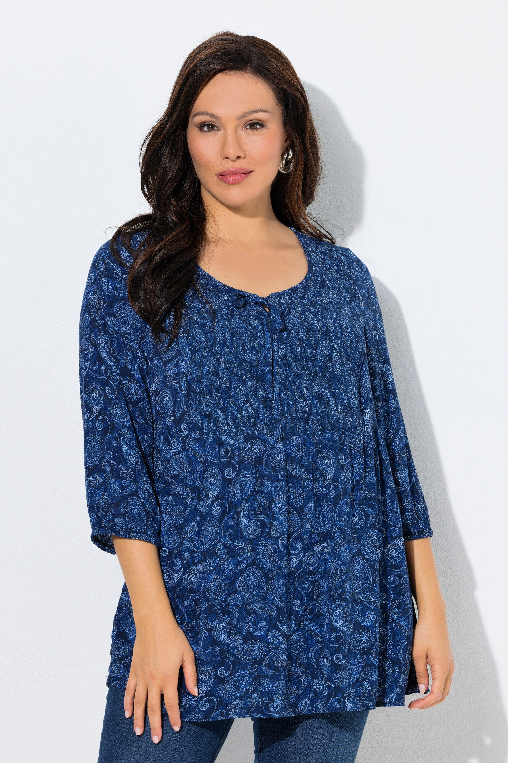 Ulla Popken Longbluse Smokbluse Bluse Rundhals 3/4-Arm Rückenfalte günstig online kaufen