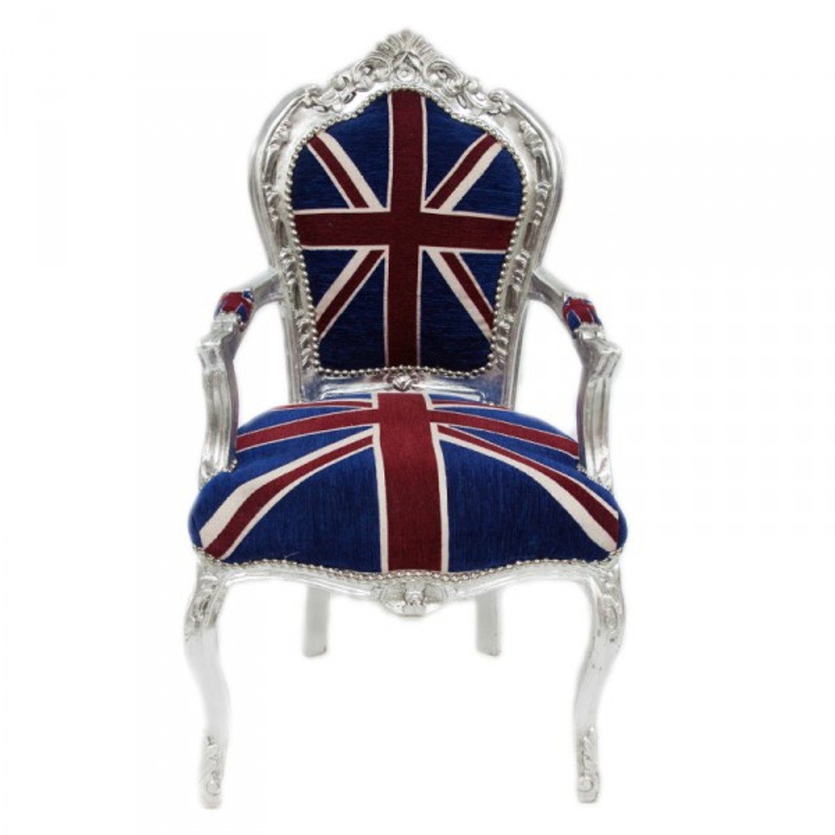 Casa Padrino Esszimmerstuhl Barock Esszimmer Stuhl mit Armlehnen Union Jack / Silber - Antik Stil