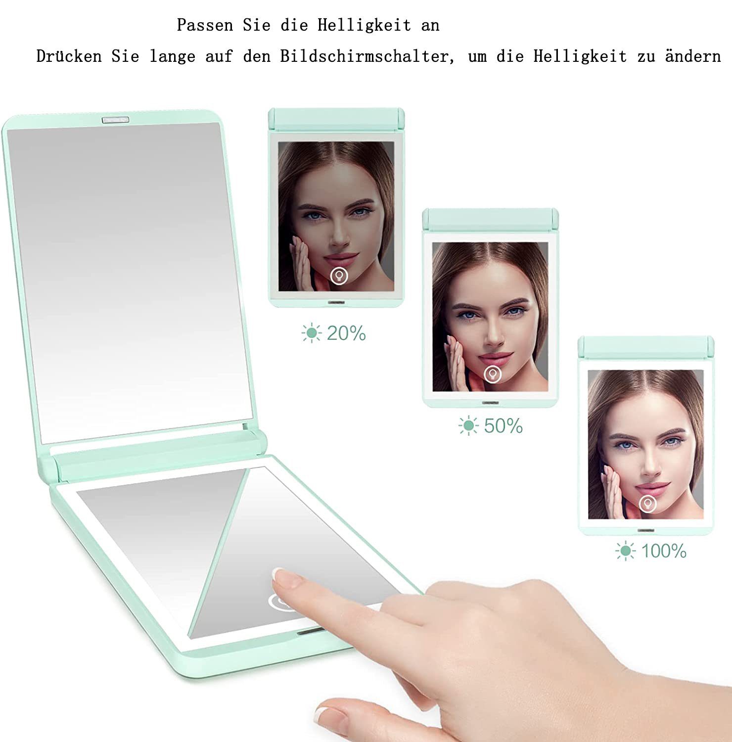 GelldG Taschenspiegel Taschenspiegel Klappbar, LED /2X Vergrößerung mit 1X USB grün Handspiegel