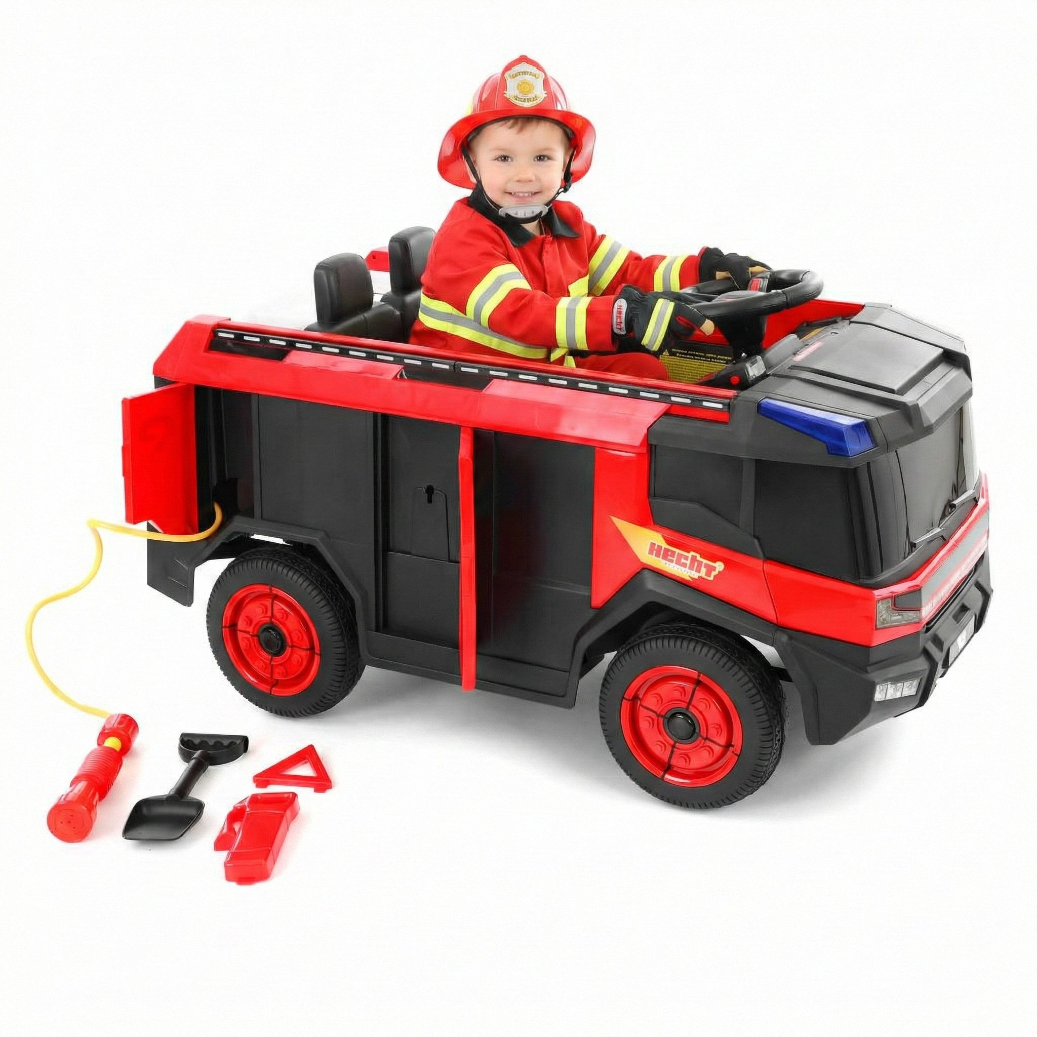 Hecht Elektro-Kinderauto Feuerwehrauto bis 5km/h, bis 30kg, Radio, Feuerlöscher, Belastbarkeit 30 kg, Wasserpistole, Warndreieck, Schaufel, 2x35W, 12V Akku