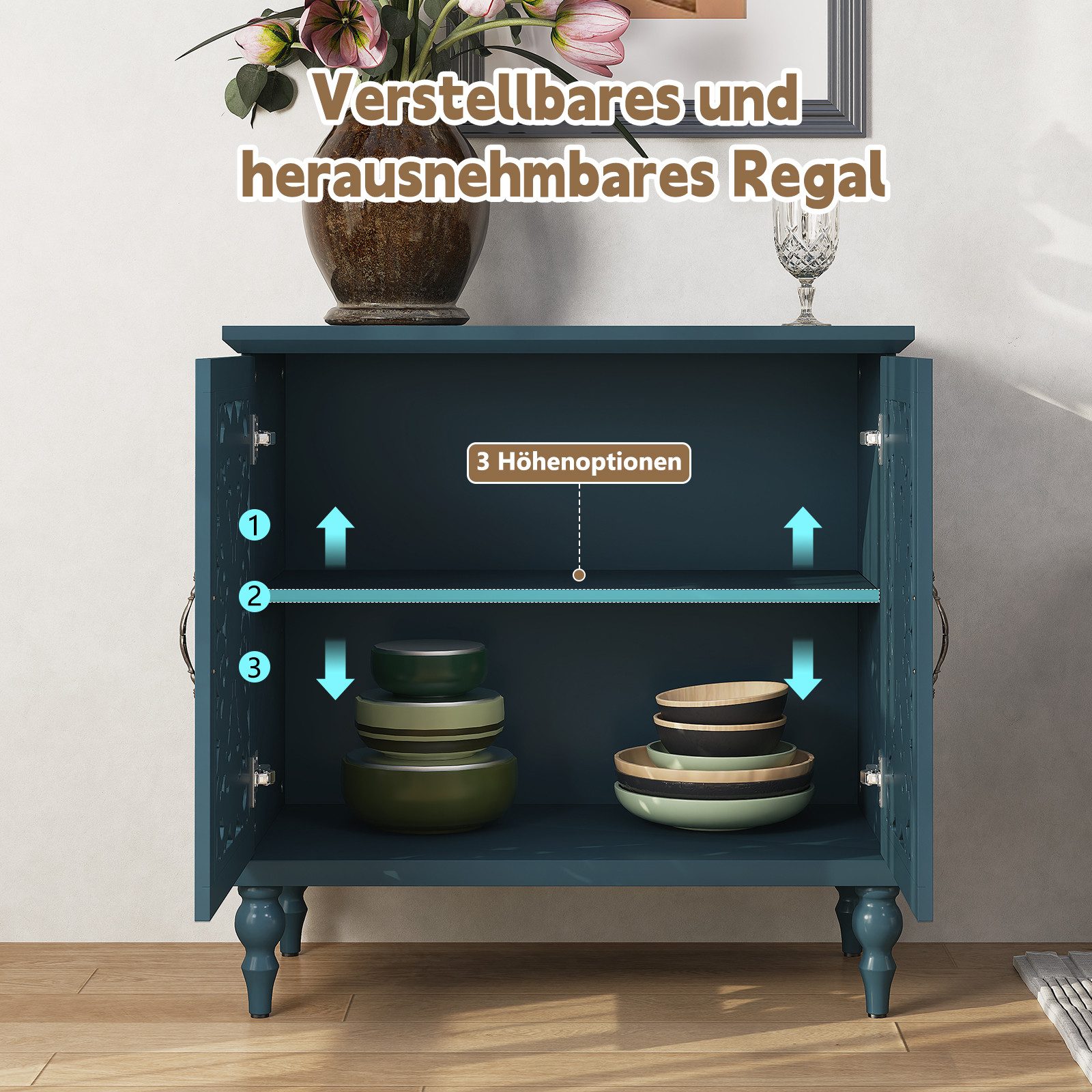 HOLTICO Kommode Vintage Sideboard Buffet Schrank mit Hohle Blumenschnitzerei (1 St), Akzent Schrank Holz Kommoden & Sideboards