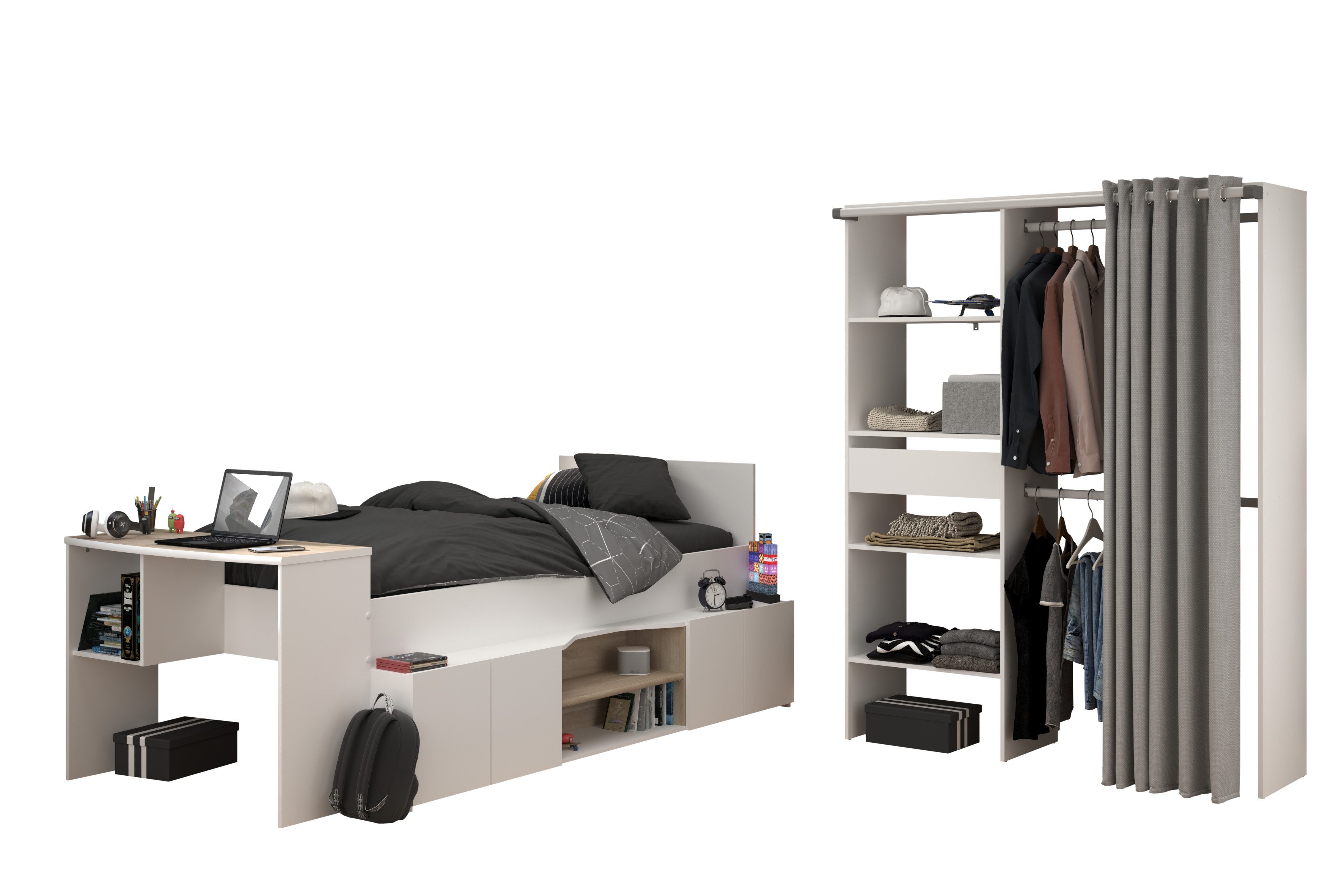 Parisot Jugendbett Cleo in Weiß und Jackson Eiche (Kompett Set, 2-tlg., Komplett Set), integrierter Schreibtisch