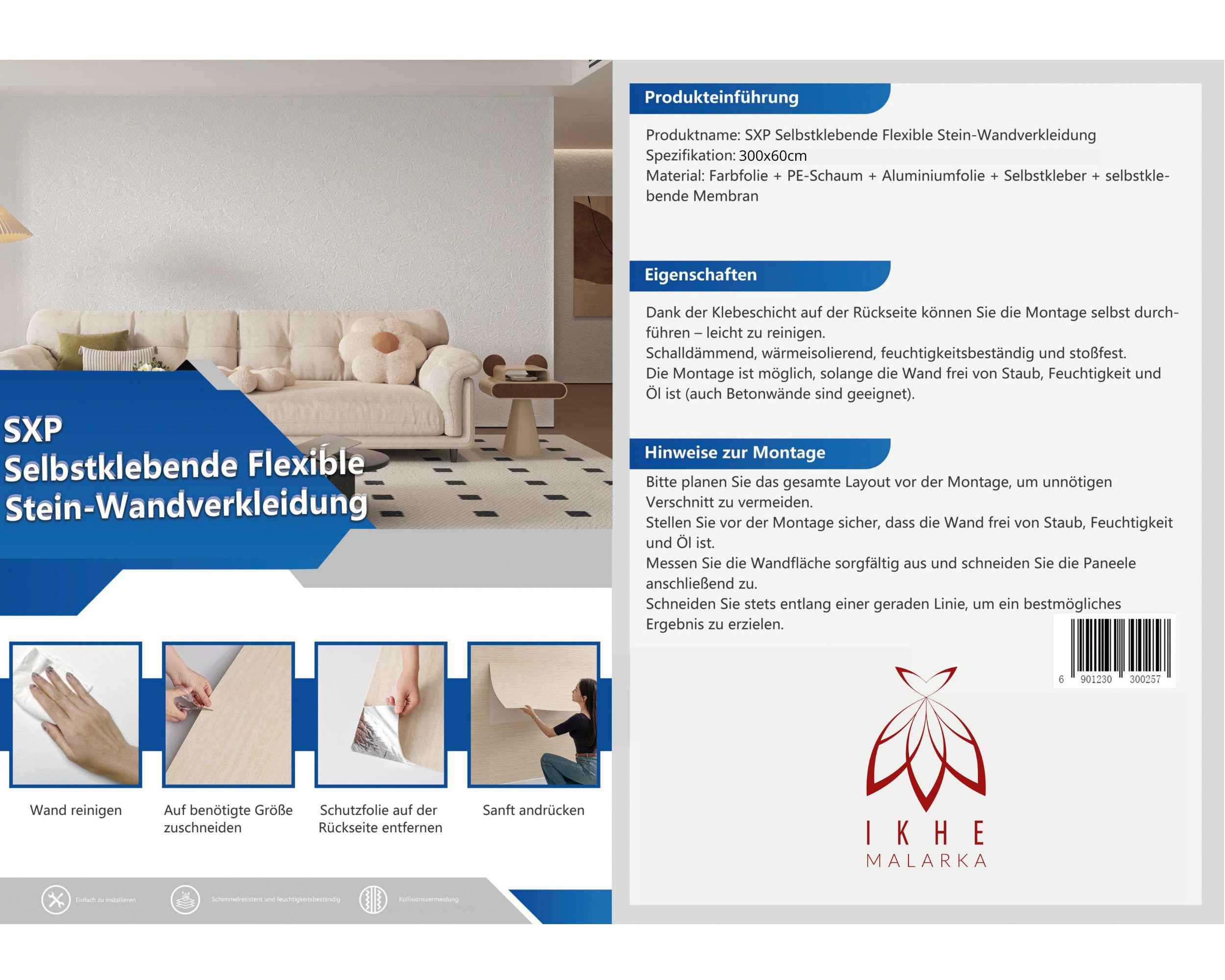 IKHEMalarka Wandpaneel Selbstklebende Flexible Schaum-Wandverkleidung 1,8 m², BxL: 60x300 cm, 1,8 qm, (1 Rolle = 1,8 m², 300x60cm) Schall- und wärmeisolierend,  – Bild 4 von 5
