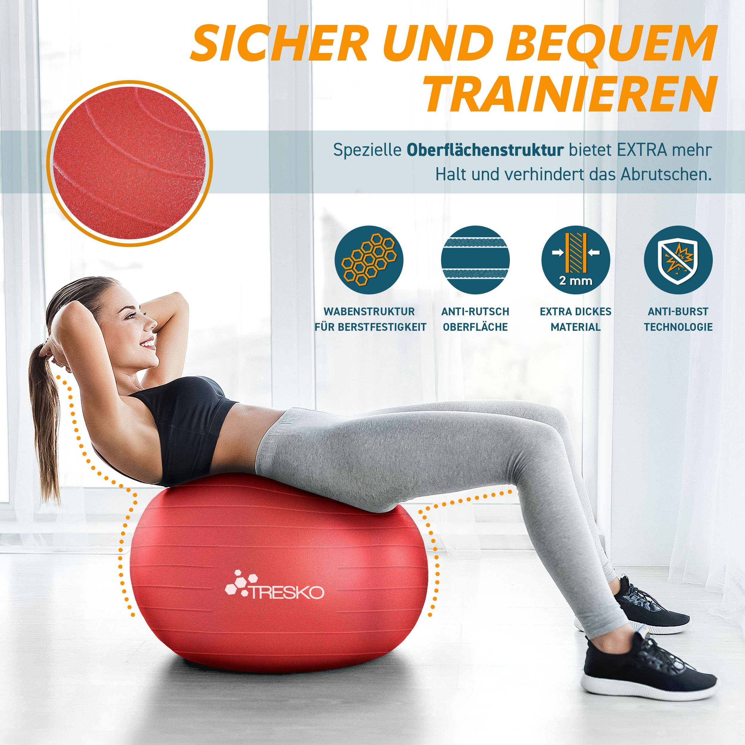 TRESKO Gymnastikball mit GRATIS Übungsposter inkl. Luftpumpe Yogaball, BPA-Frei Sitzball Büro Anti-Burst inkl. Luftpumpe, Fitnessball