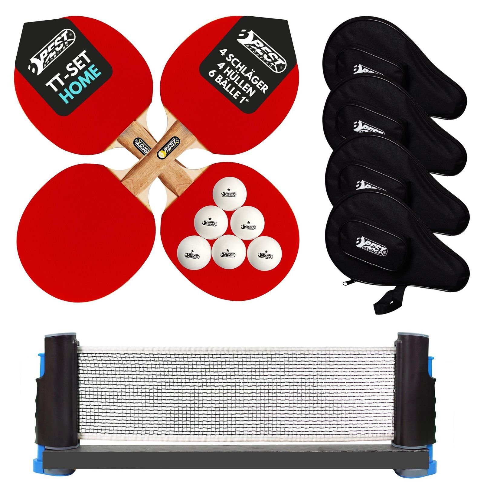 Best Sporting Tischtennisschläger Set HOME - 4 Schläger, 4 Taschen, Flexi Netz und 1* Tischtennisbälle (10-teiliges wertiges Tischtennis Set I Tischtennissets I Table Tennis Racket) | Schläger