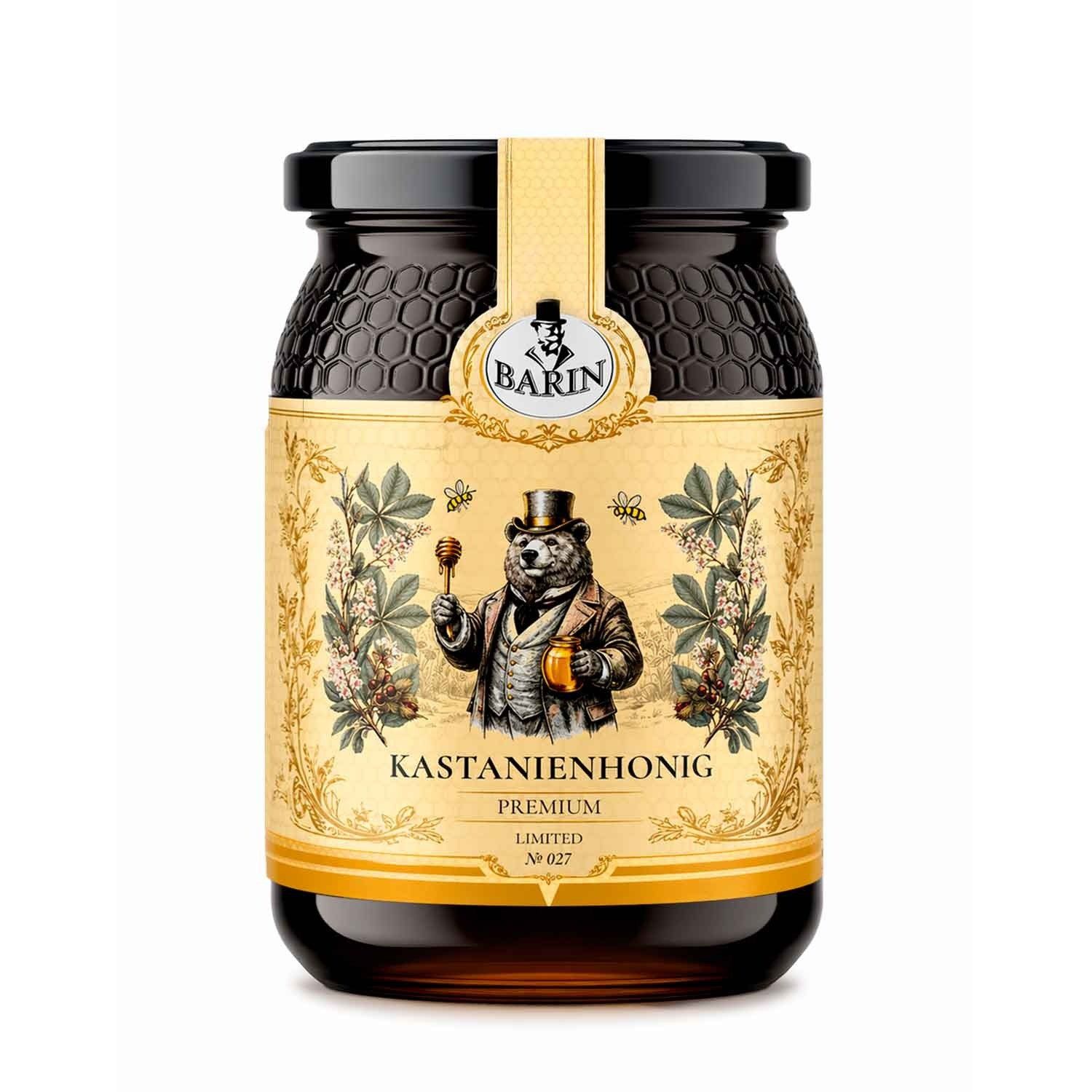 BARIN Honig Kastanienhonig Premium, 1 x 500 g, 1 St. (Naturbelassen & ohne Zusatzstoffe, Kräftiger würzig-herber Sortenhonig aus Portugal), Im Glas