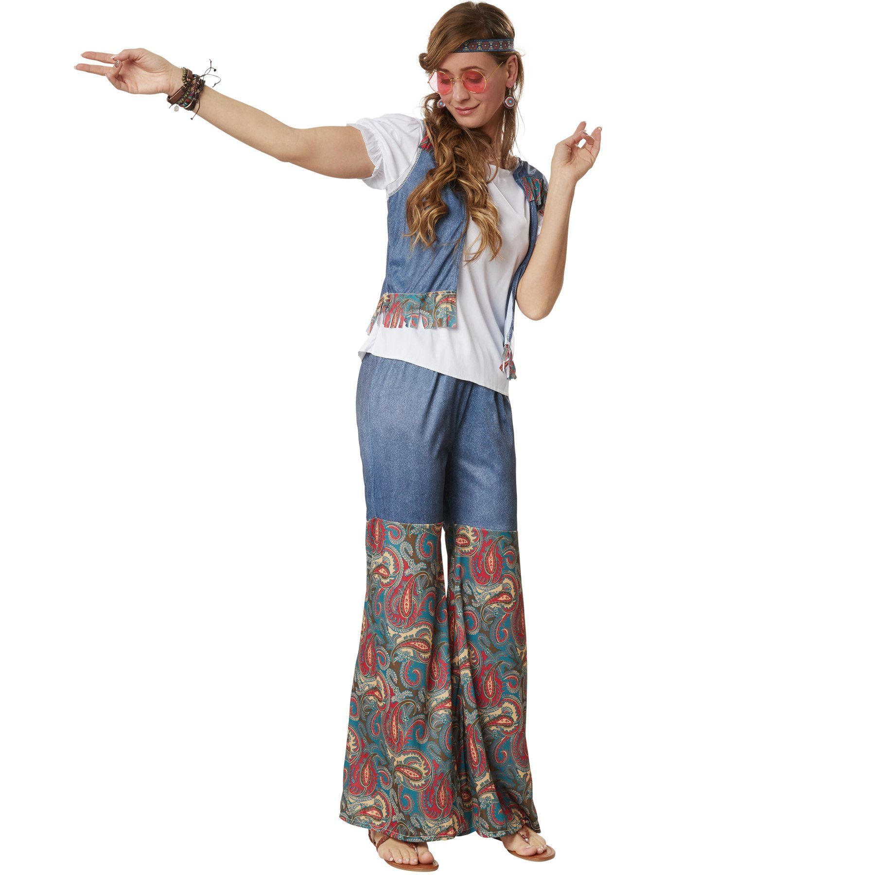 dressforfun Hippie-Kostüm Frauenkostüm Groovy Flower Girl, Outfit in Jeans- und Ornamentenoptik