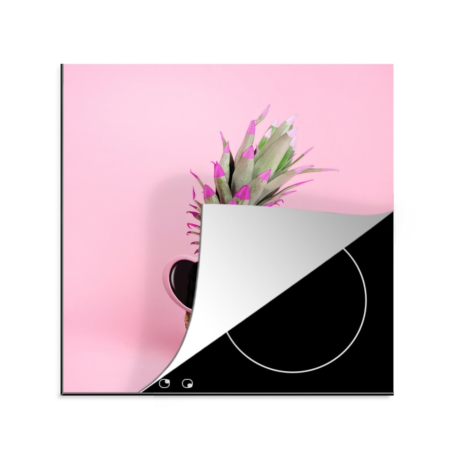 MuchoWow Herdblende-/Abdeckplatte Eine Ananas vor einem rosa Hintergrund mit Sonnenbrille, Vinyl, (1 tlg), 78x78 cm, Ceranfeldabdeckung, Arbeitsplatte für küche
