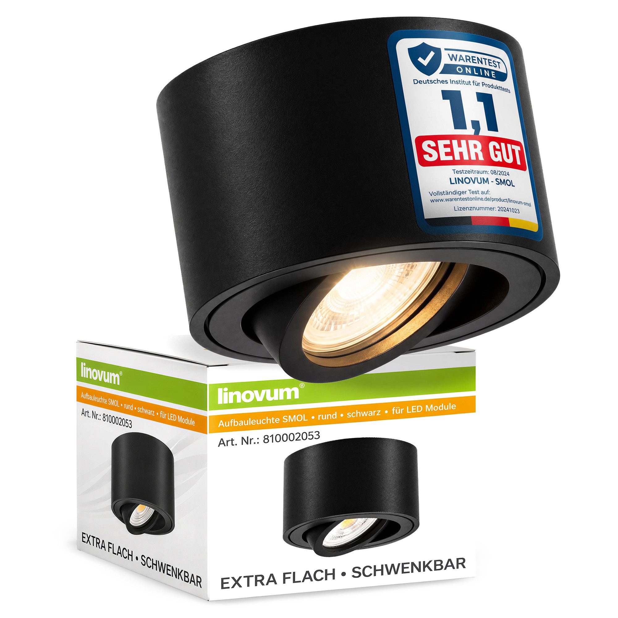 linovum LED Aufbaustrahler Aufbauleuchte SMOL schwenkbar in schwarz matt & rund mit LED 4W, Warmweiß