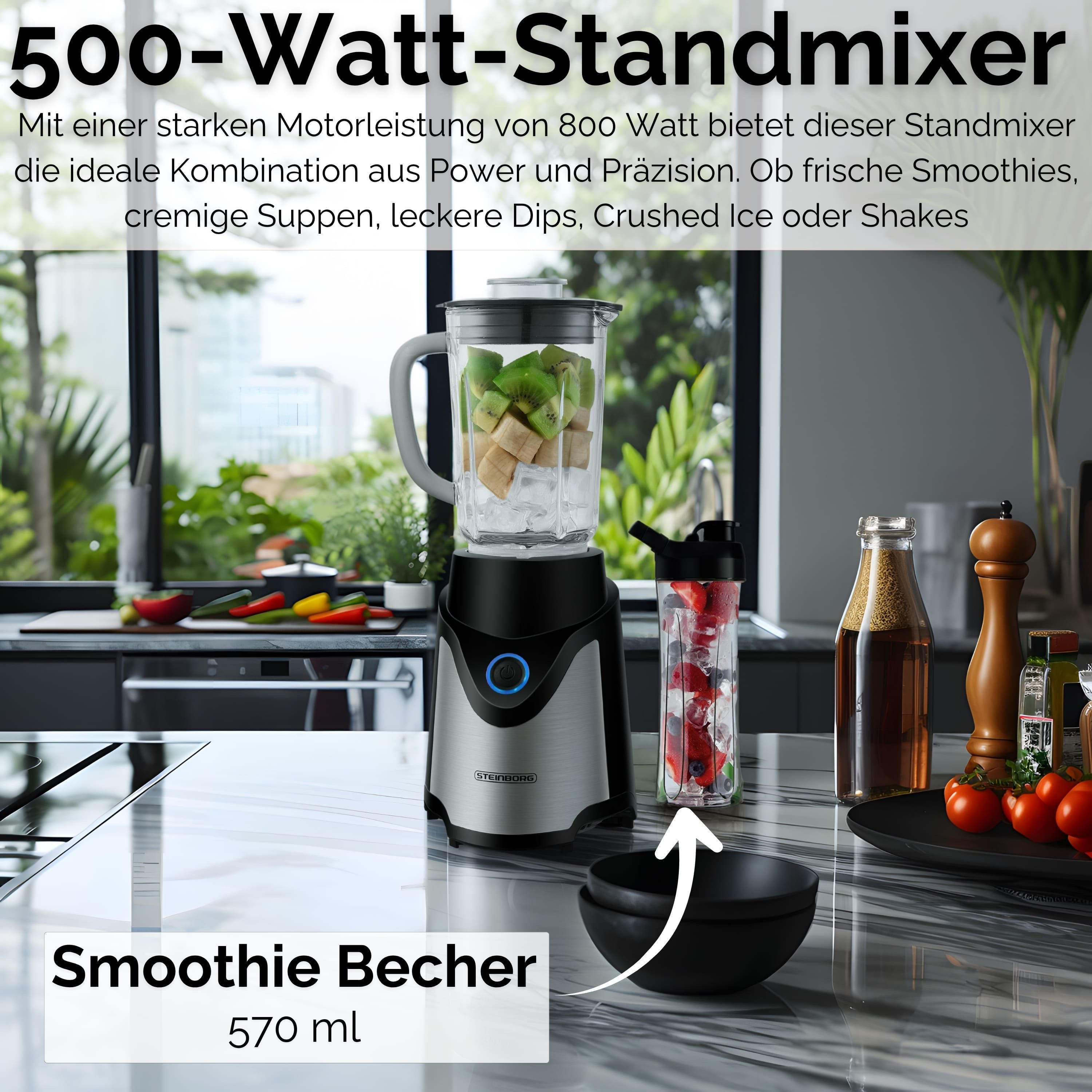 STEINBORG Standmixer SB-7030, 500 W, BPA-Frei,600ml Glaskrug + 570ml To-Go Becher,6-Fach Messer