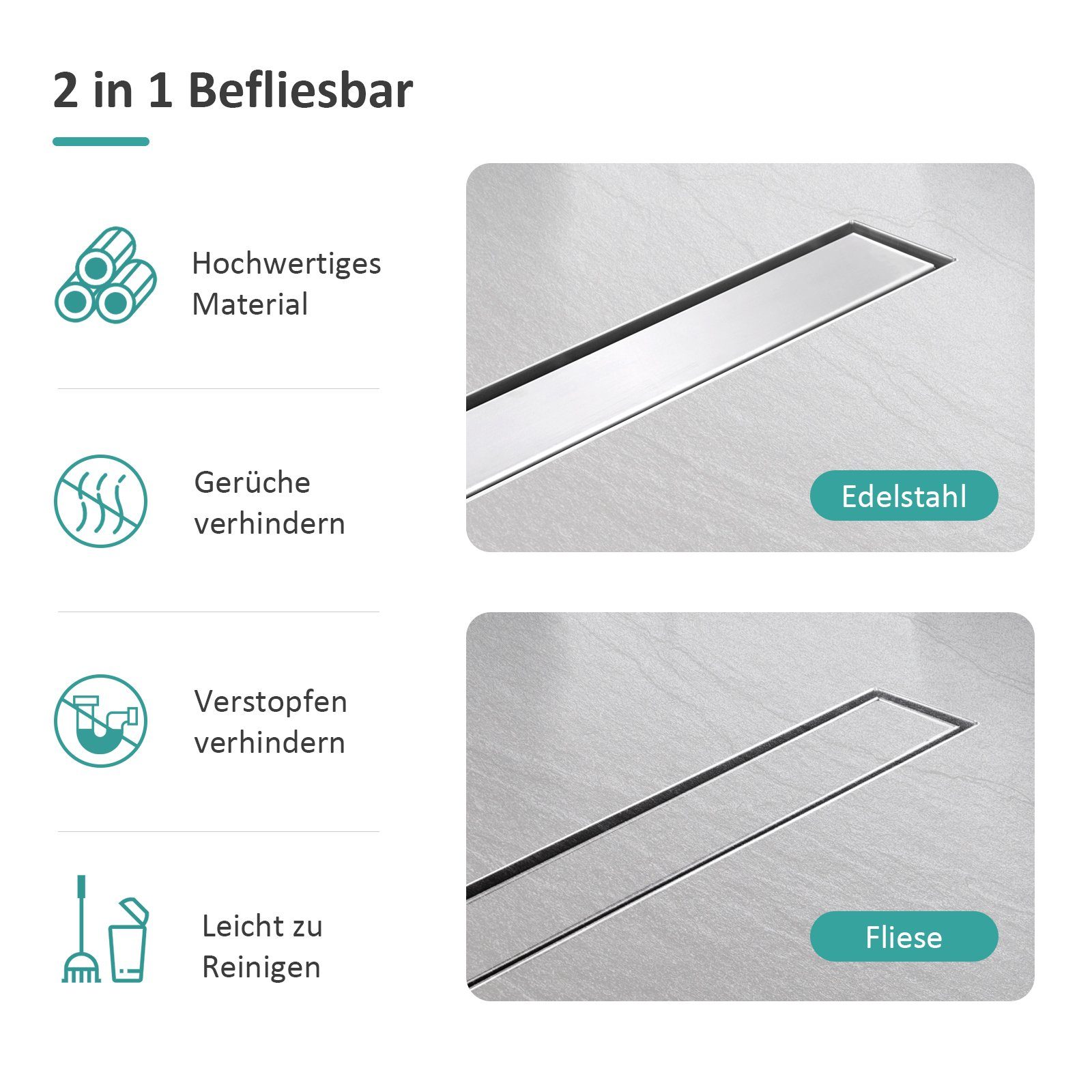 EMKE Duschrinne Befliesbare Duschrinne Edelstahl Komplettset Bodenablauf mit Siphon, Flach Duschablauf Rinne mit Geruchsstop und Haarsieb Randablauf