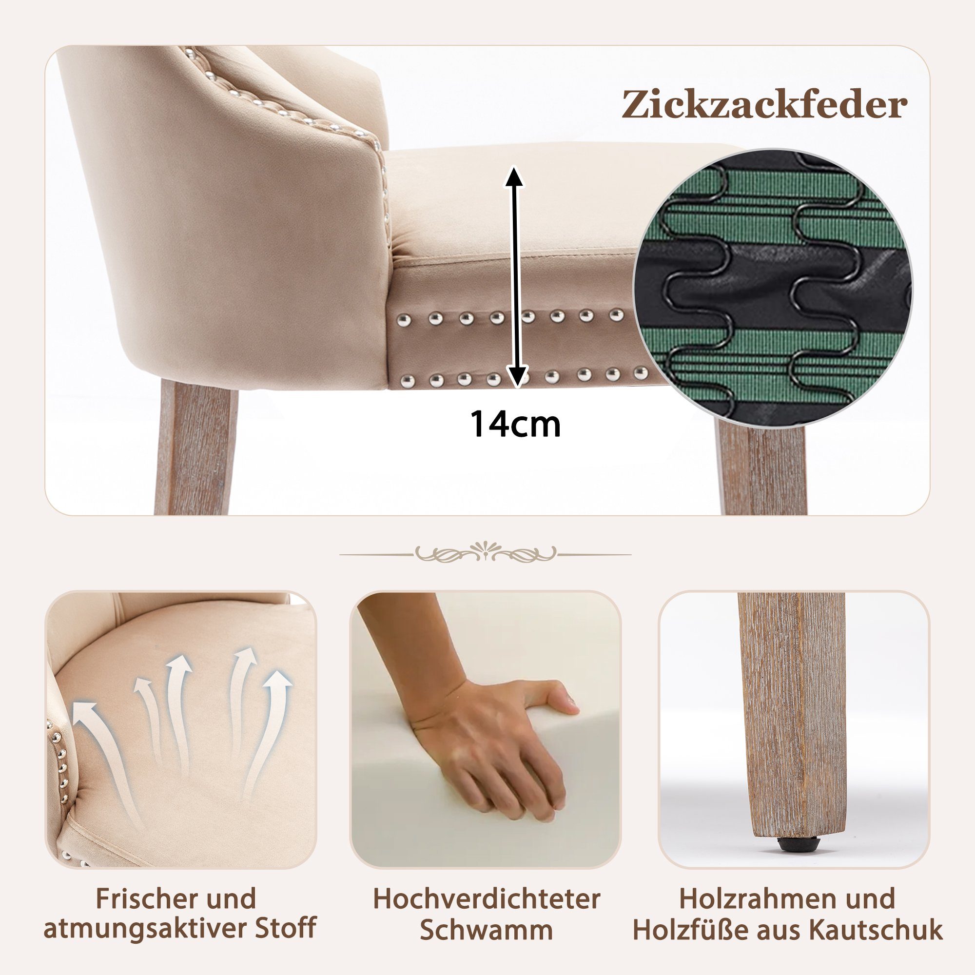 Esszimmerstuhl (Polsterstuhl, 4 St), Küchenstuhl Wohnzimmerstuhl Samt mit Knopfheftung, Massivholzbeine
