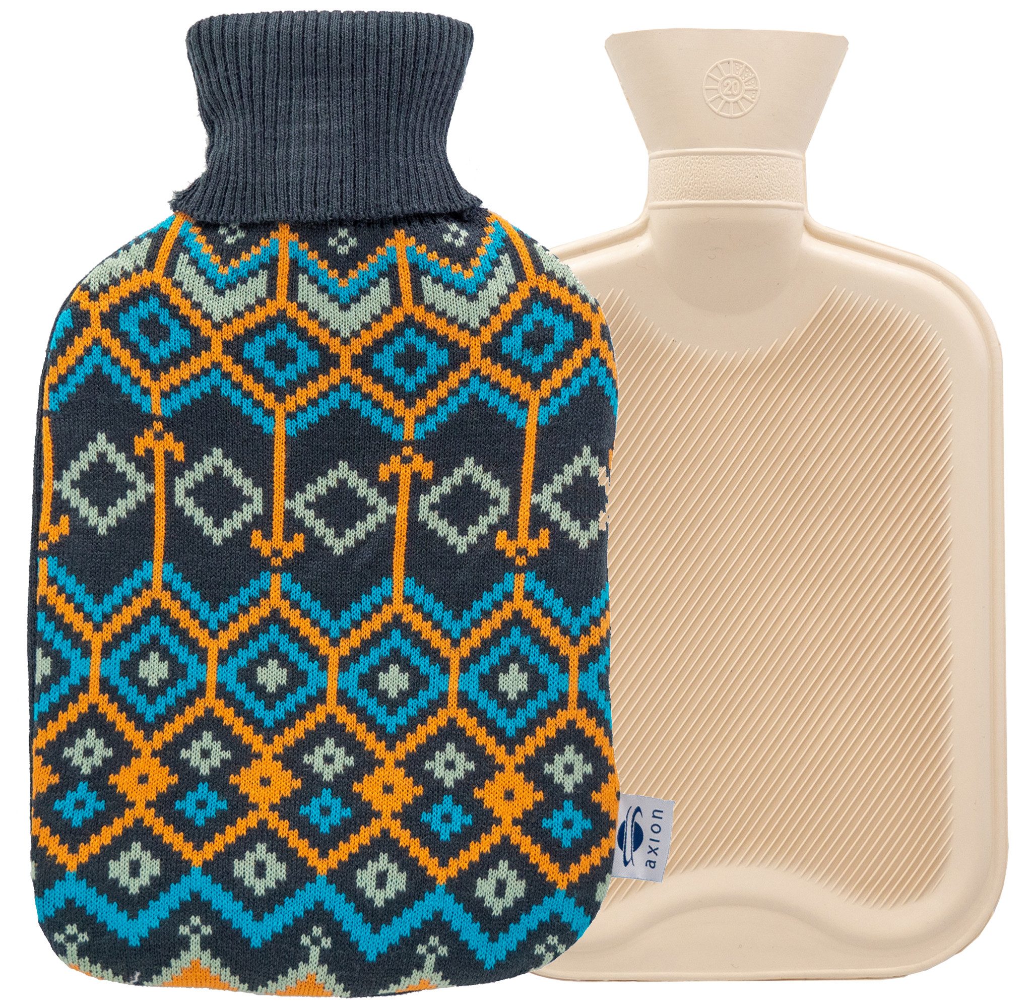 Axion Wärmflasche mit Bezug, 33 x 20 cm, ca. 2 Ltr., Wärmflaschen, blau-gelb mit Diamantmuster, 100% Naturkautschuk