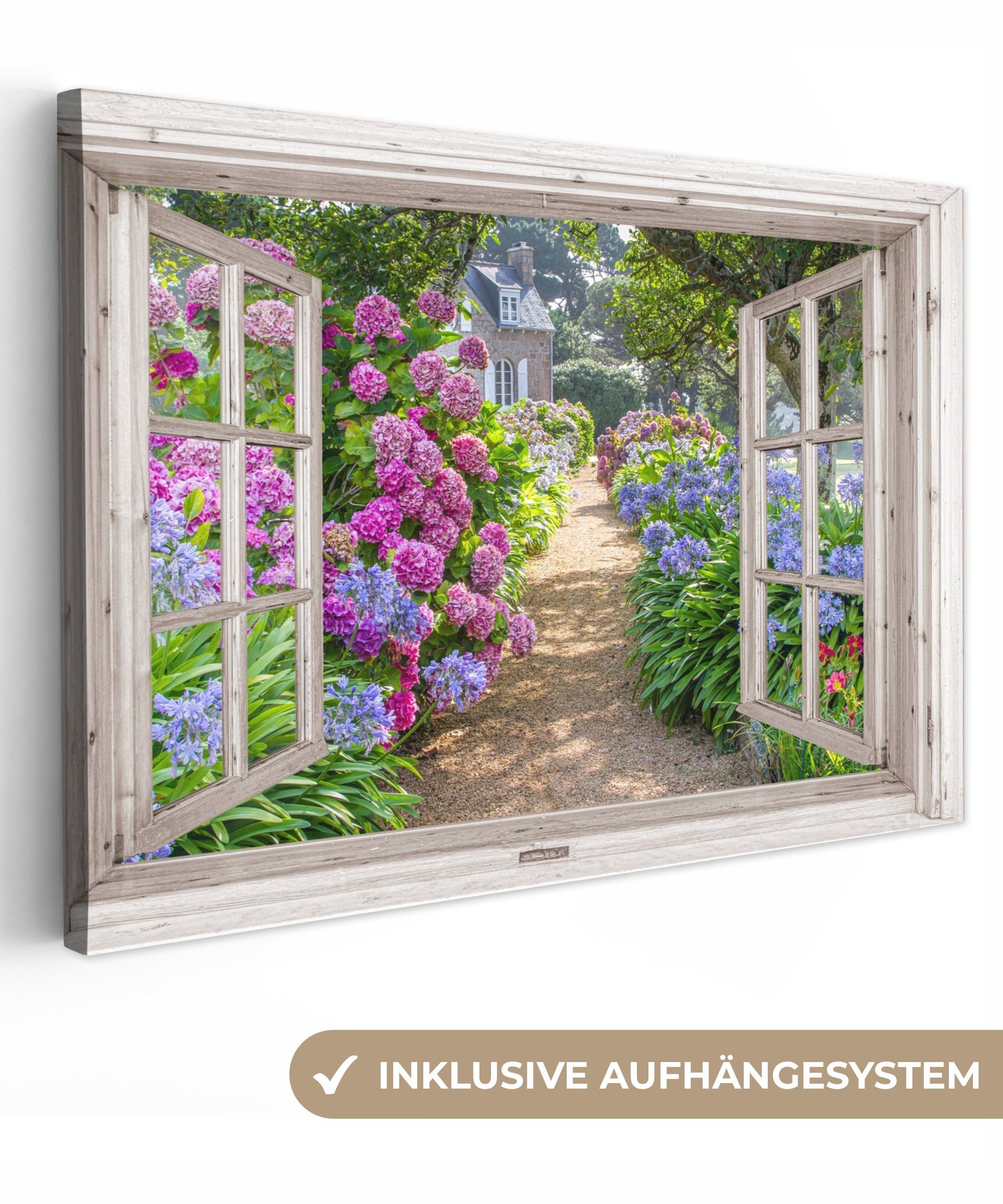 OneMillionCanvasses® Leinwandbild Hortensie - Durchsichtig - Blumen - Sommer - Lila - Weg, (1 St), Wandbild Картини на полотні, Aufhängefertig, Wanddeko, 30x20 cm