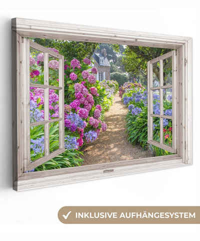 OneMillionCanvasses® Leinwandbild Hortensie - Durchsichtig - Blumen - Sommer - Lila - Weg, (1 St), Wandbild Leinwandbilder, Aufhängefertig, Wanddeko, 60x40 cm