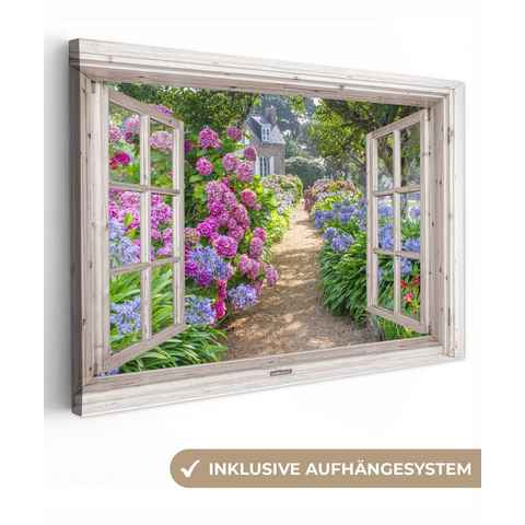 OneMillionCanvasses® Leinwandbild Hortensie - Durchsichtig - Blumen - Sommer - Lila - Weg, (1 St), Wandbild Leinwandbilder, Aufhängefertig, Wanddeko, 30x20 cm