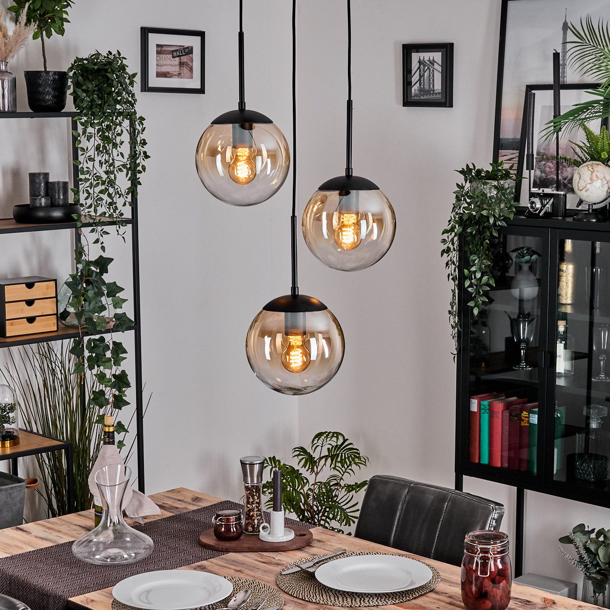 hofstein Hängeleuchte Vintage Hängelampe aus Metall/Glas in Schwarz/Bernste günstig online kaufen